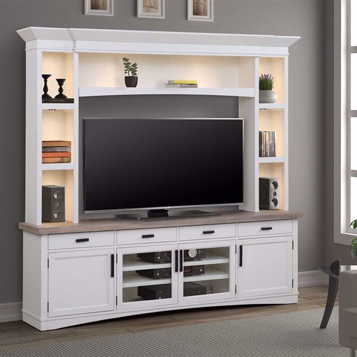 Americana Modern Cotton 92 In. 4 Piece Tv Console With Hutch | Babette Pertaining To Wide Entertainment Centers (Gallery 11 of 20)