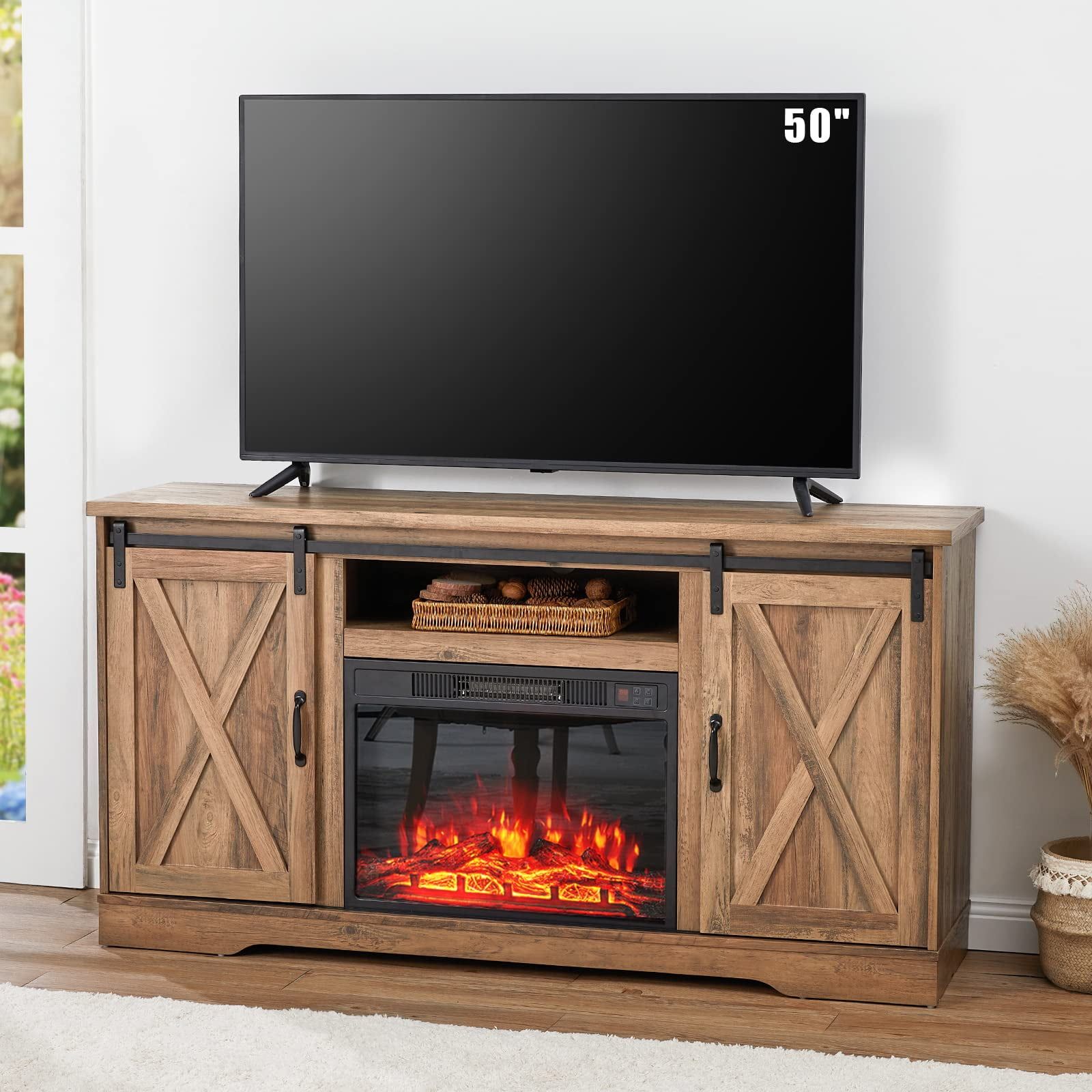 Amerlife Fireplace Tv Stand Sliding Barn Door Wood Entertainment Center With Barn Door Media Tv Stands (View 6 of 20)
