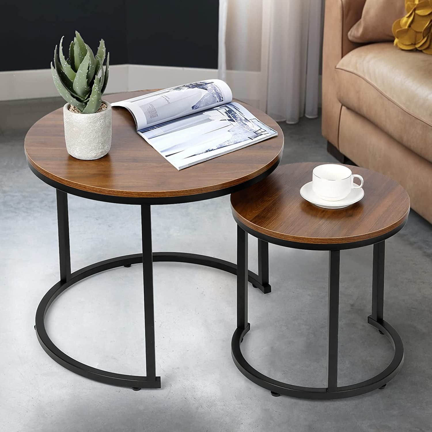 Amzdeal Modern Nesting Coffee Tables, Walnut Round Top, Set Of 2, Brown With Regard To Nesting Coffee Tables (Gallery 6 of 20)