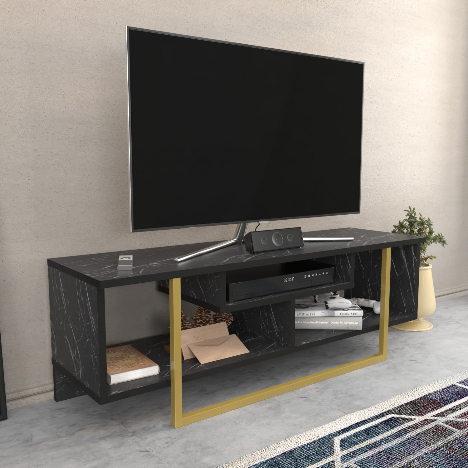Asal 47" Modern Metal Wood Tv Stand For 55 Inch Tv Black Marble Gold In Black Marble Tv Stands (Gallery 5 of 20)