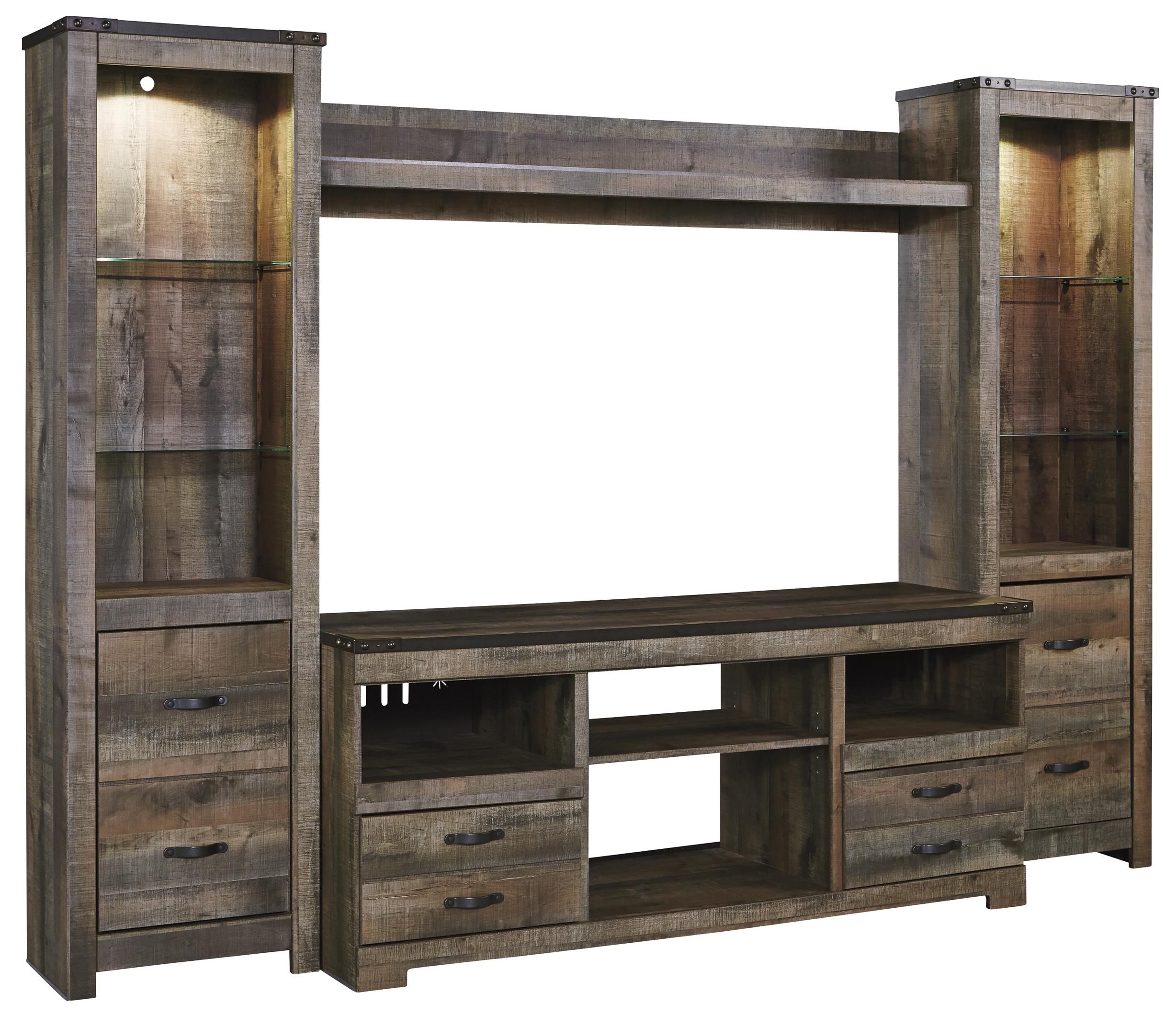 Ashley (signature Design) Trinell Rustic Large Tv Stand & 2 Tall Piers With Regard To Entertainment Units With Bridge (Gallery 4 of 20)