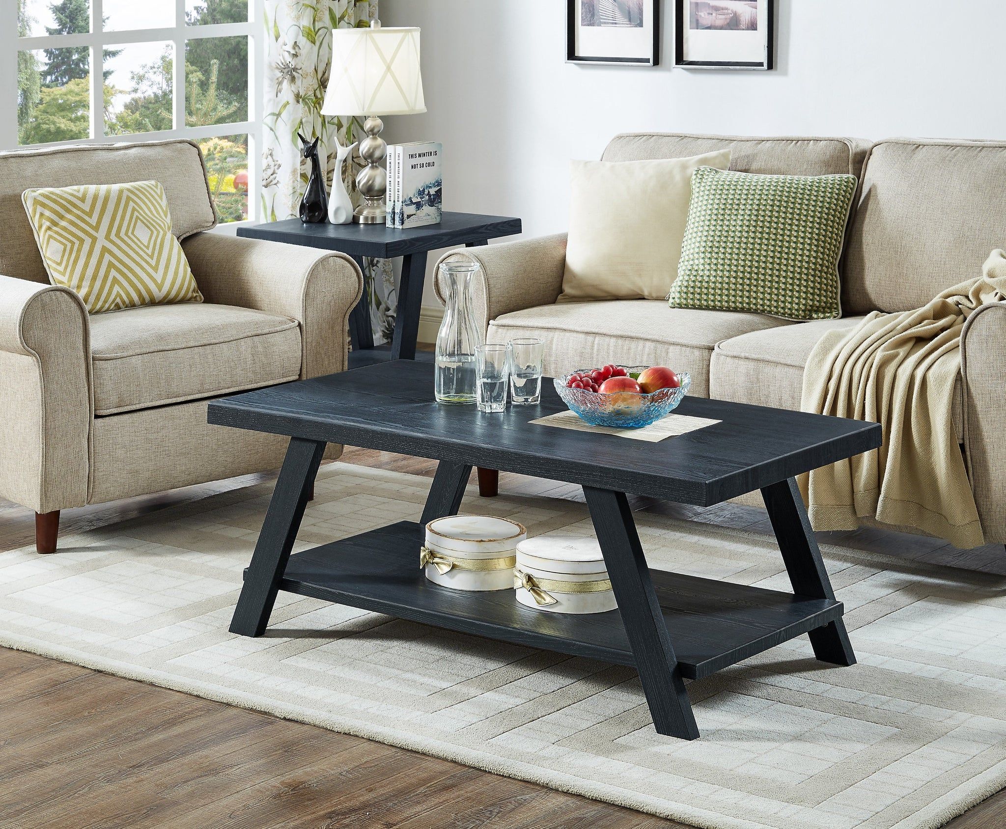 Athens Contemporary Replicated Wood Shelf Coffee Set Table In Black Fi In Pemberly Row Replicated Wood Coffee Tables (View 4 of 20)