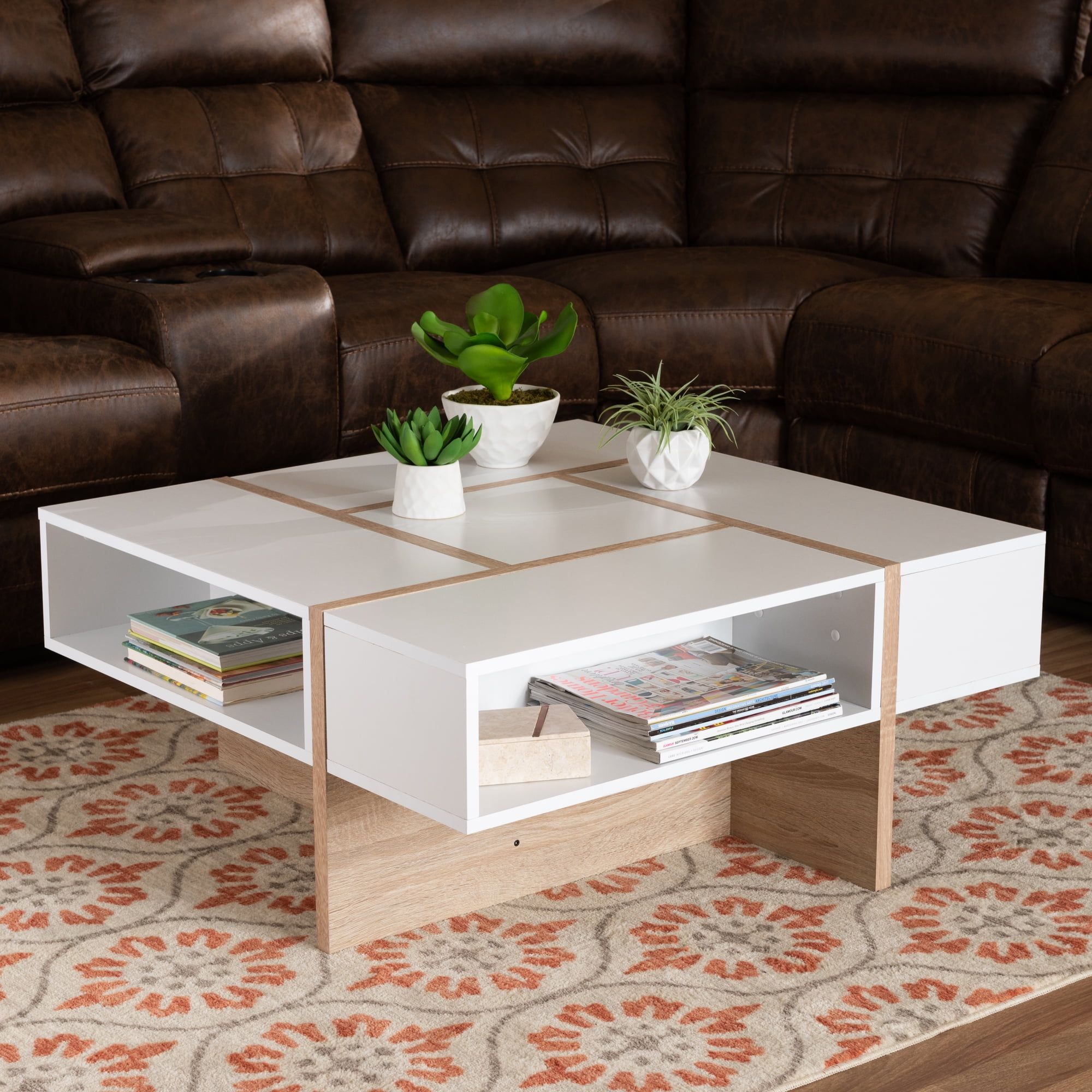 Baxton Studio Rasa Modern And Contemporary Two Tone White And Oak Within Modern Coffee Tables With Hidden Storage Compartments (View 17 of 20)