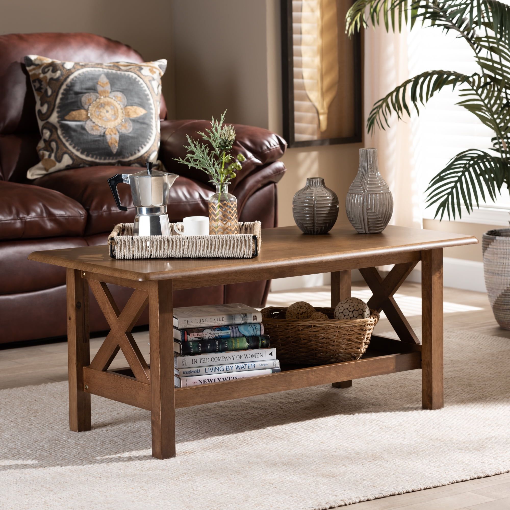 Baxton Studio Reese Traditional Transitional Walnut Brown Finished Within Rectangular Coffee Tables With Pedestal Bases (Gallery 6 of 20)