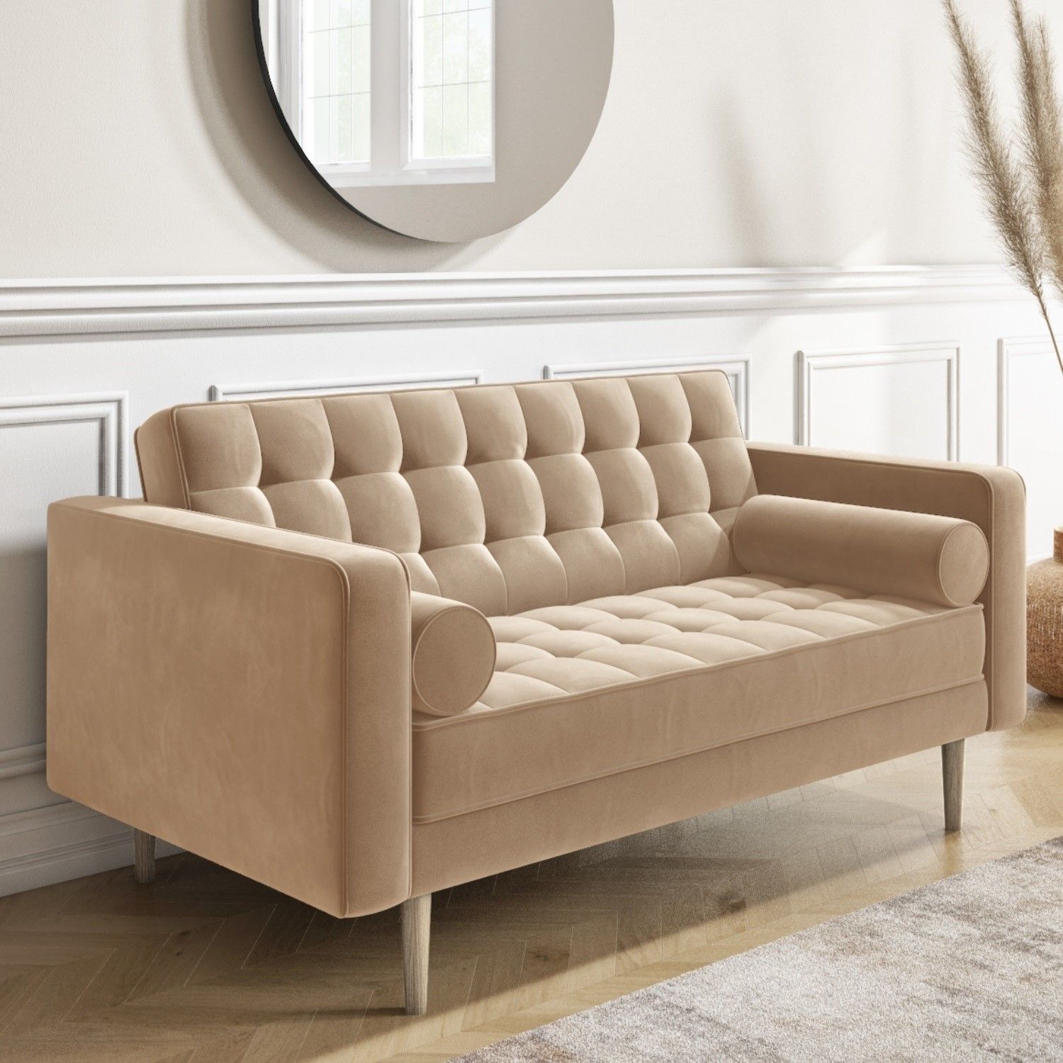 Beige Velvet 2 Seater Quilted Mid Century Sofa – Elba – Furniture123 For Elegant Beige Velvet Sofas (Gallery 9 of 20)