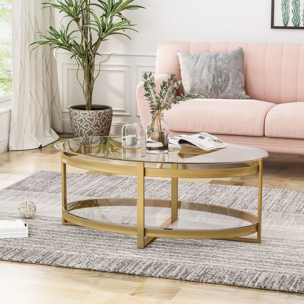 Bell Modern Glam Tempered Glass Oval Coffee Table With Iron Frame – Gdf With Regard To Tempered Glass Oval Side Tables (View 5 of 20)