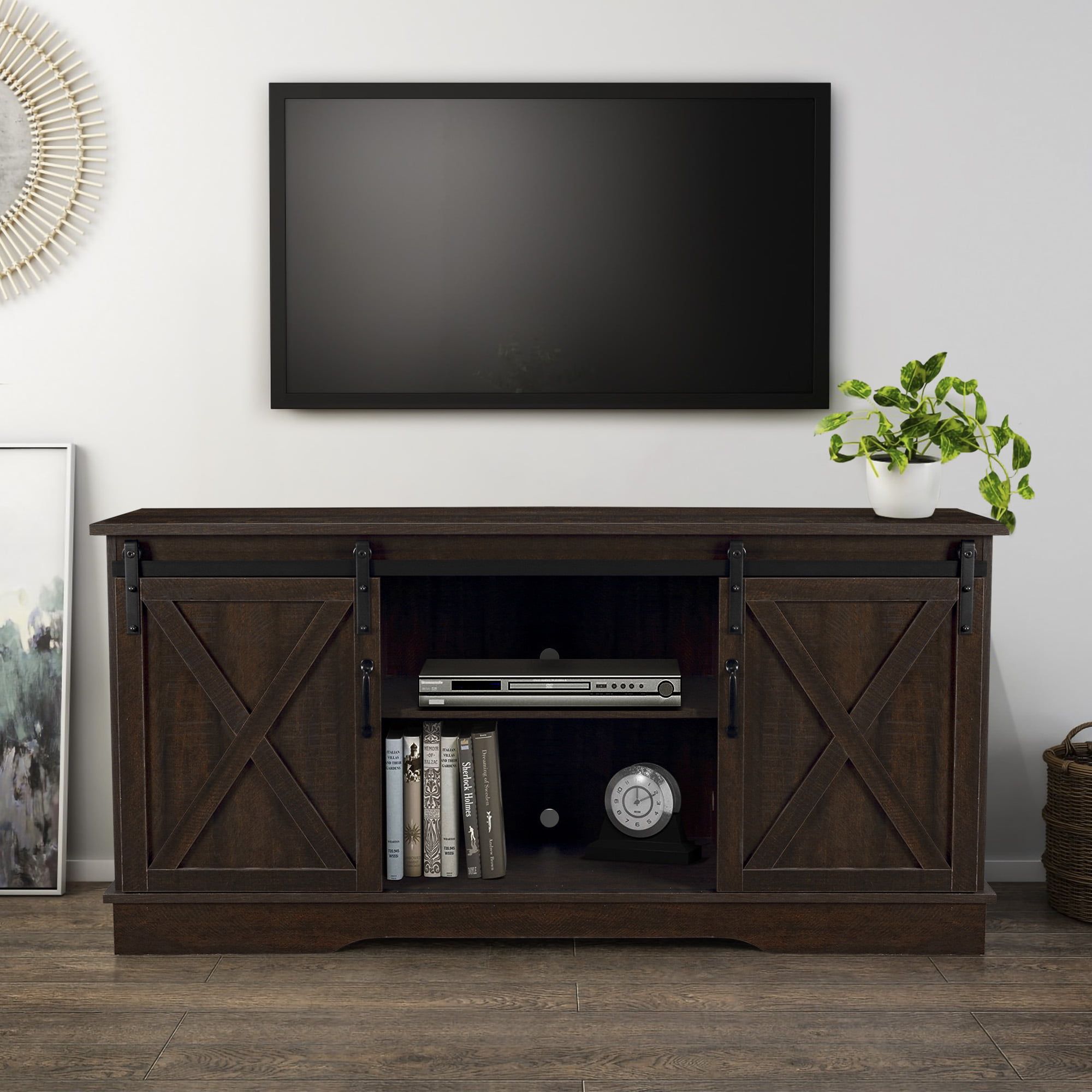 Belleze Modern Farmhouse Style 58 Inch Tv Stand With Sliding Barn Door With Regard To Modern Farmhouse Barn Tv Stands (View 16 of 20)