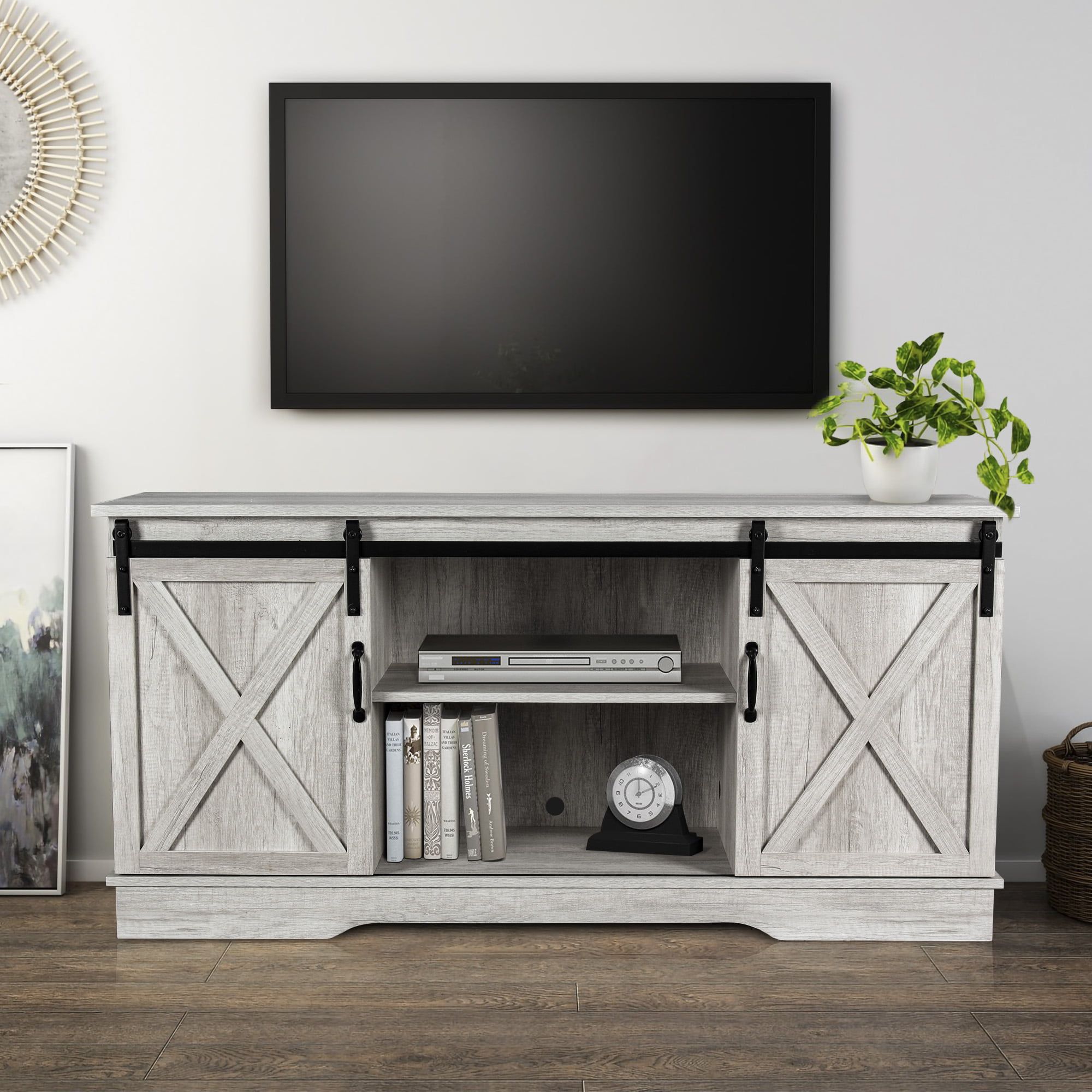 Belleze Modern Farmhouse Style 58 Inch Tv Stand With Sliding Barn Door Within Modern Farmhouse Barn Tv Stands (View 13 of 20)