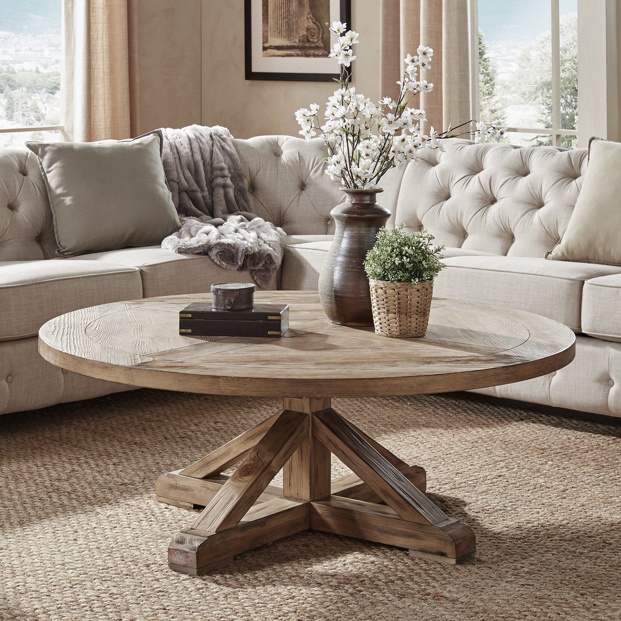 Benchwright Rustic X Base Round Pine Wood Coffee Tableinspire Q In Round Coffee Tables (View 18 of 20)