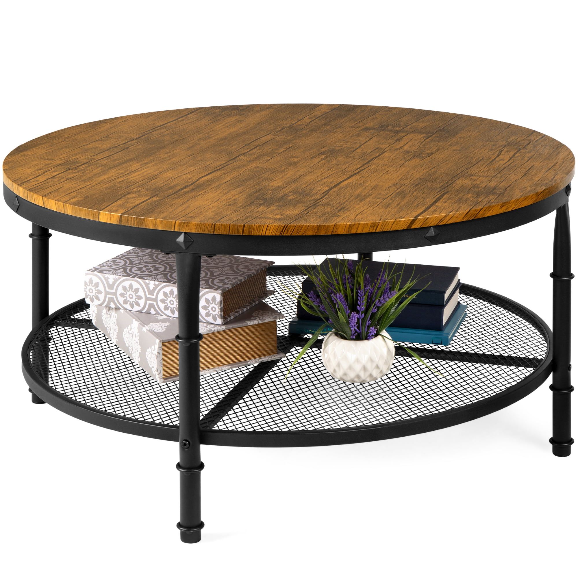 Best Choice Products 2 Tier Round Coffee Table, Rustic Steel Accent Inside Wood Coffee Tables With 2 Tier Storage (Gallery 15 of 20)