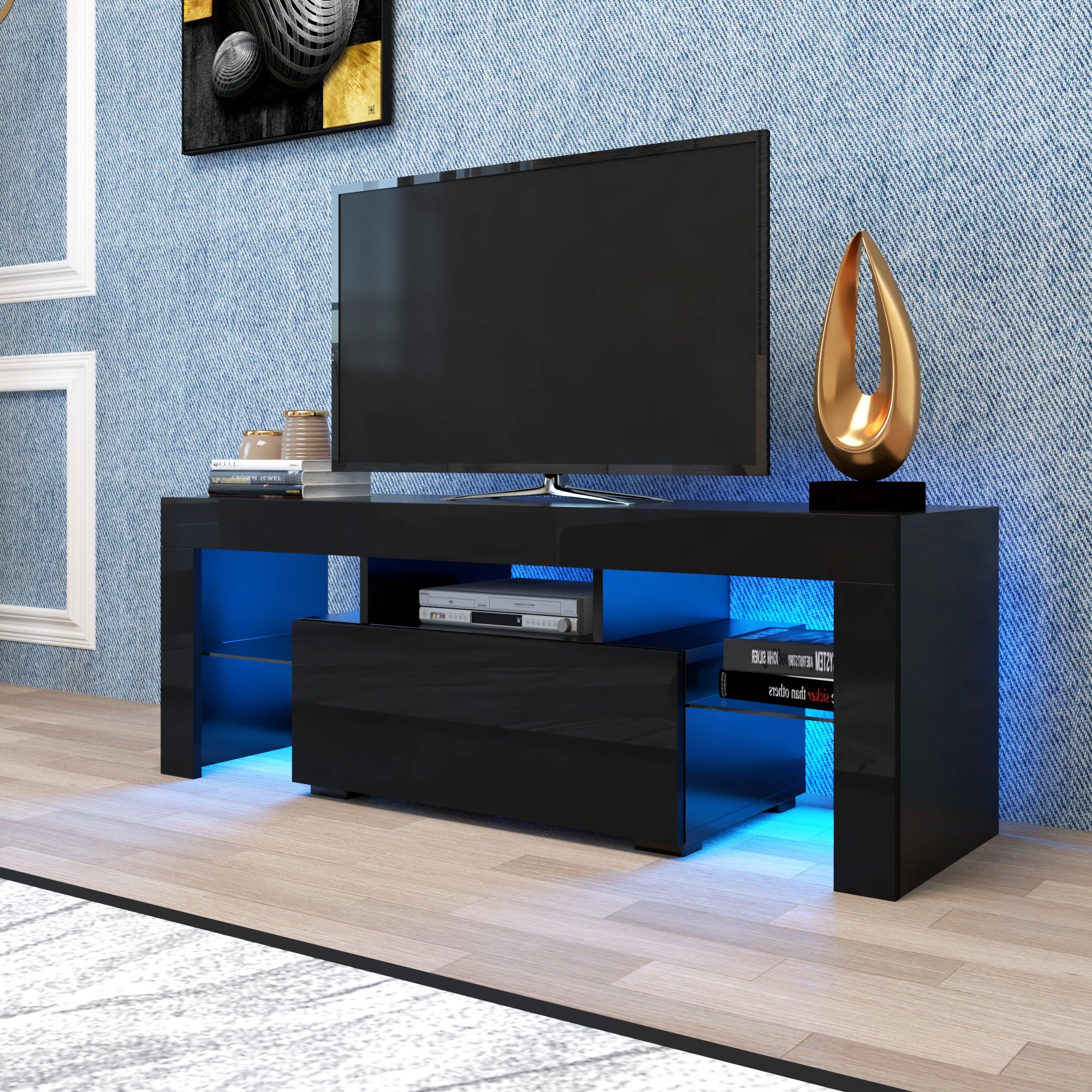 Black Tv Stand For Up To 65 Inch Tv, Yofe High Gloss Tv Stand With Led For Rgb Entertainment Centers Black (Gallery 9 of 20)