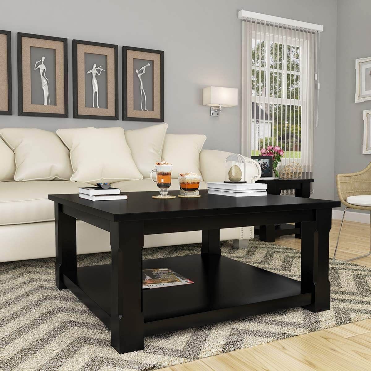 Black Wood Square Coffee Table – Brimson Contemporary Style Solid Wood With Regard To Wood Coffee Tables With 2 Tier Storage (View 6 of 20)
