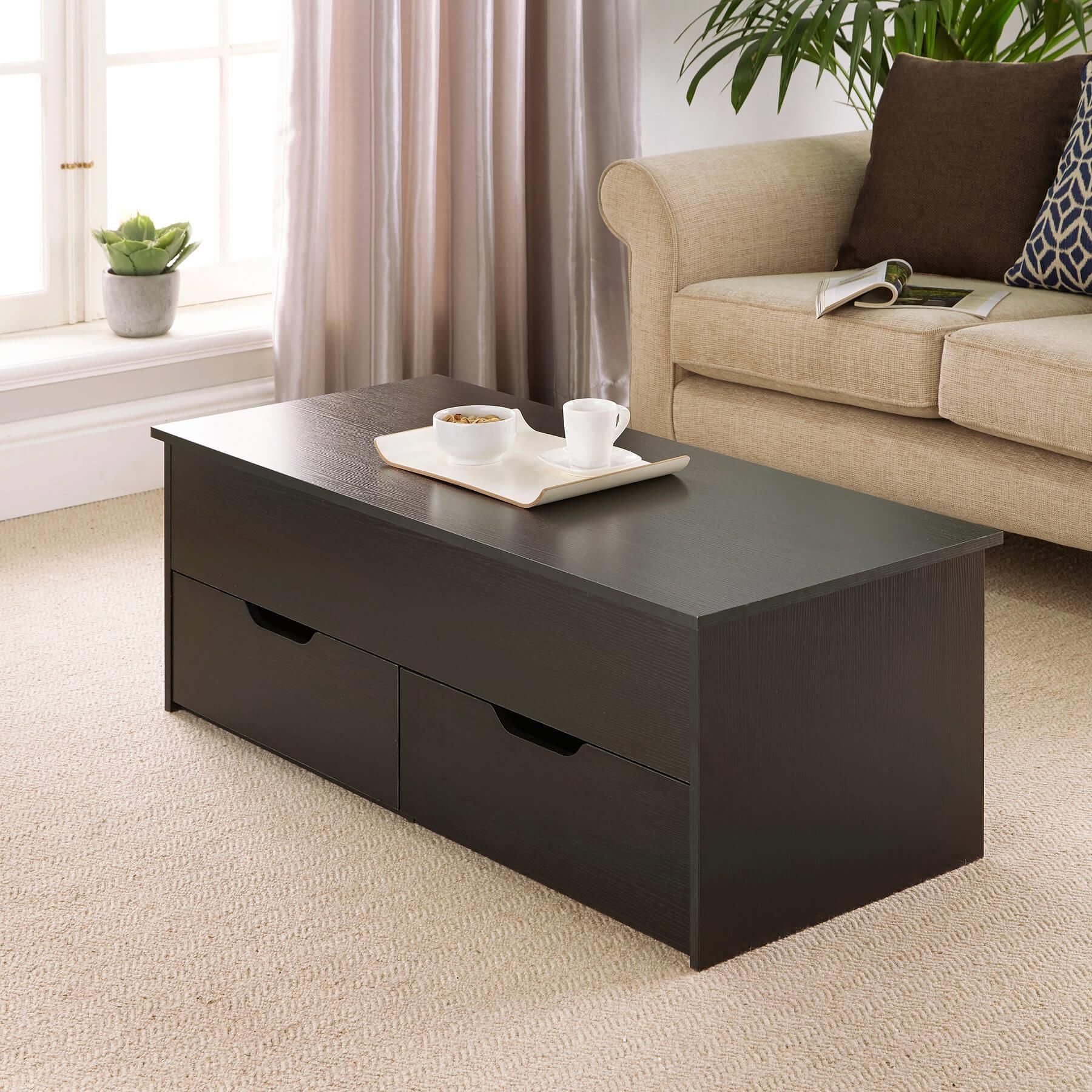 Black Wooden Coffee Table With Lift Up Top And 2 Large Storage Drawers For Wood Lift Top Coffee Tables (Gallery 19 of 20)