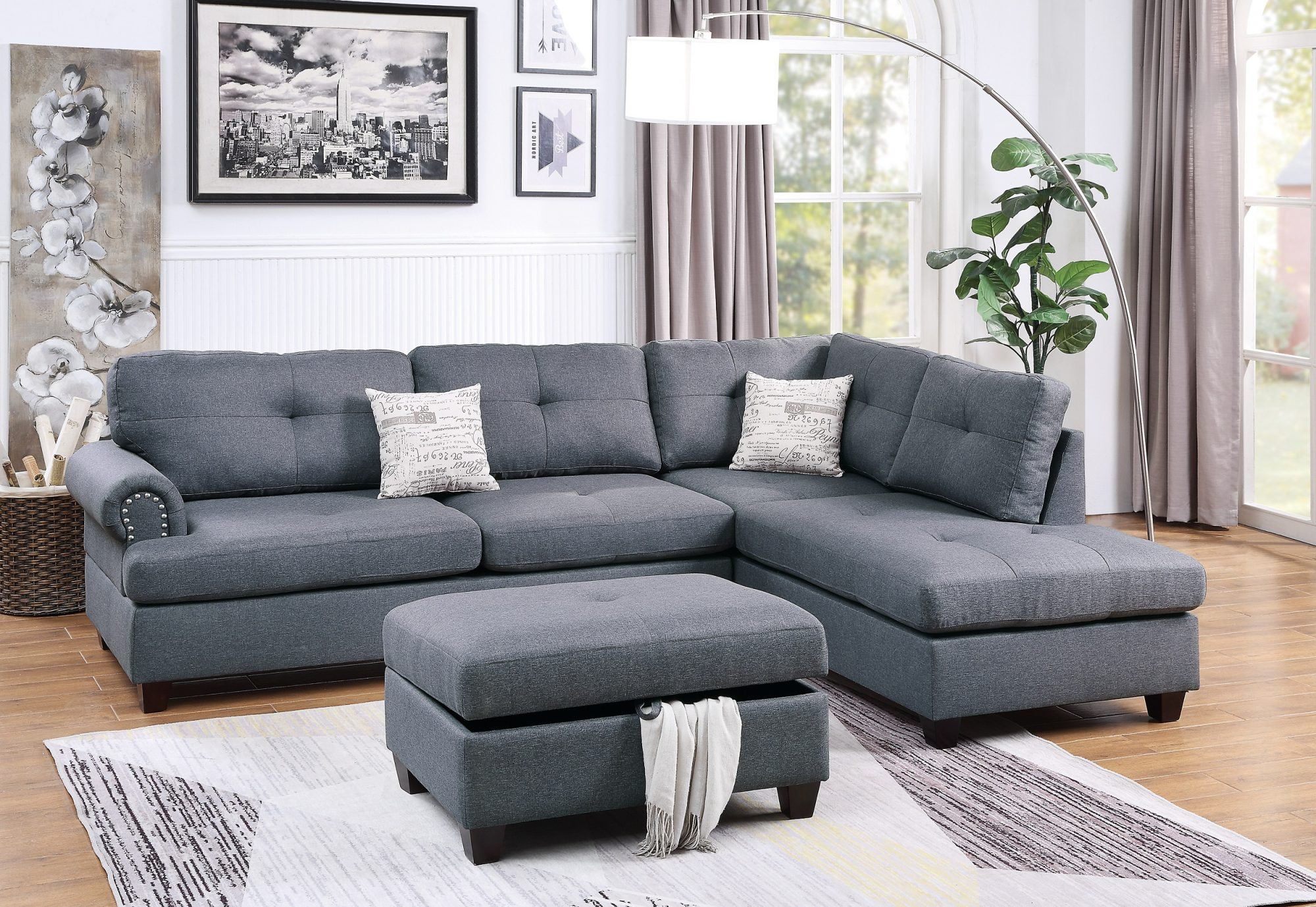 Blue Grey Reversible L/r Sectional Sofa Set Polyfiber Cushion Chaise Regarding Sofas In Bluish Grey (Gallery 1 of 20)