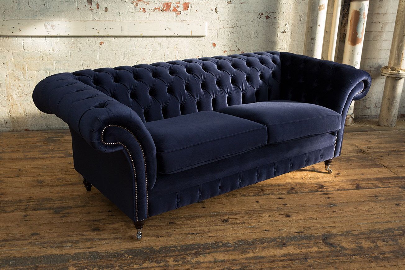 British Handmade 3 Seater Navy Blue Velvet Fabric Chesterfield – Etsy Regarding Navy Linen Coil Sofas (Gallery 15 of 20)