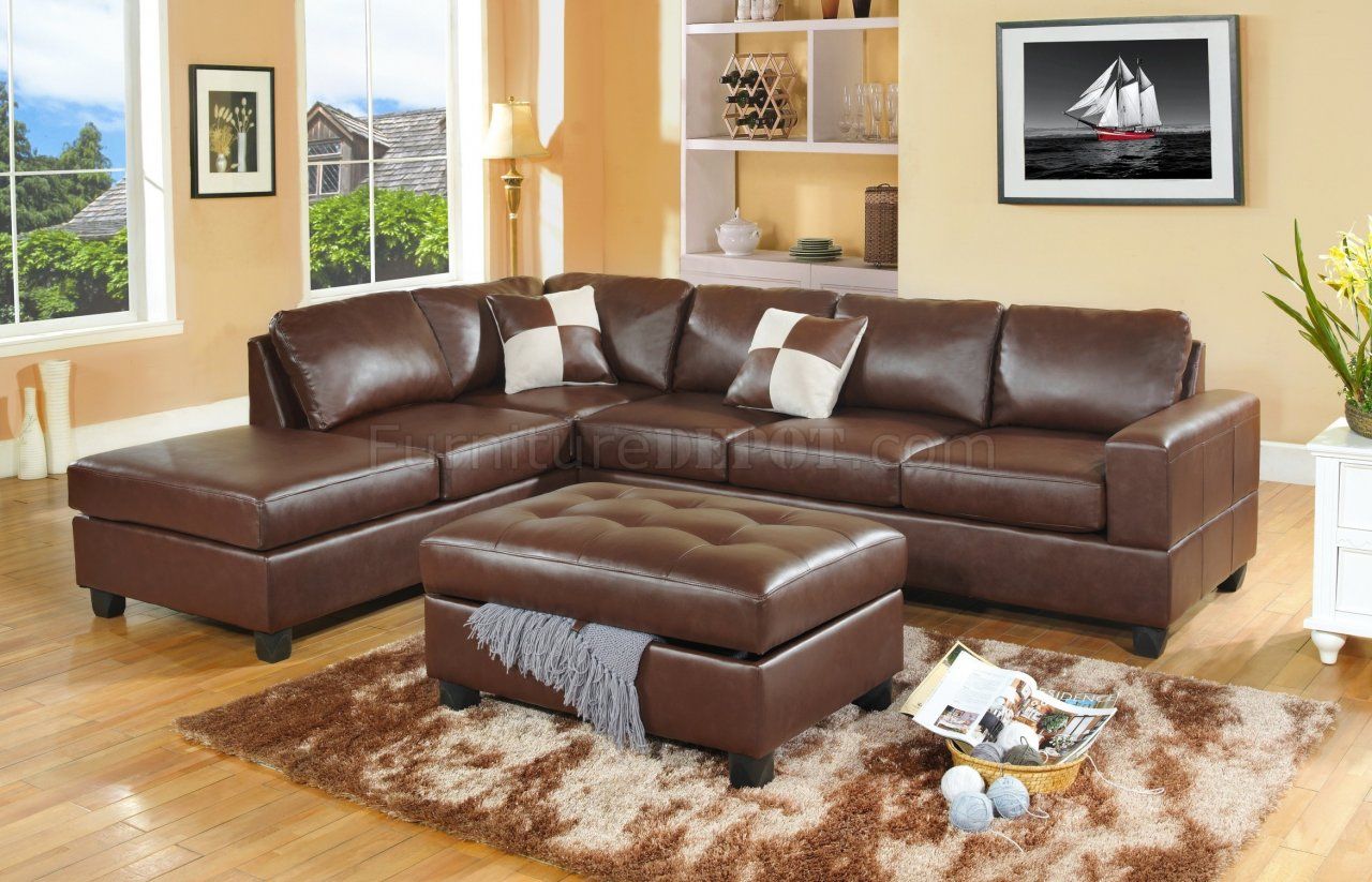 Brown Bonded Leather Modern Sectional Sofa W/storage Ottoman With Regard To Sofas With Ottomans In Brown (Gallery 2 of 20)