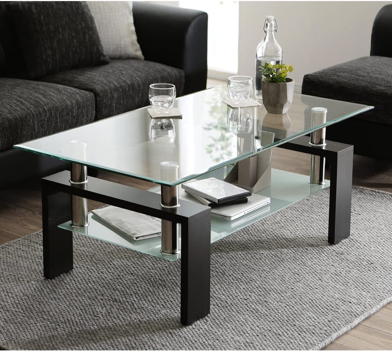 Buy Clear Rectangle Modern Glass Coffee Table With Lower Shelf, Metal Intended For Clear Rectangle Center Coffee Tables (View 2 of 20)
