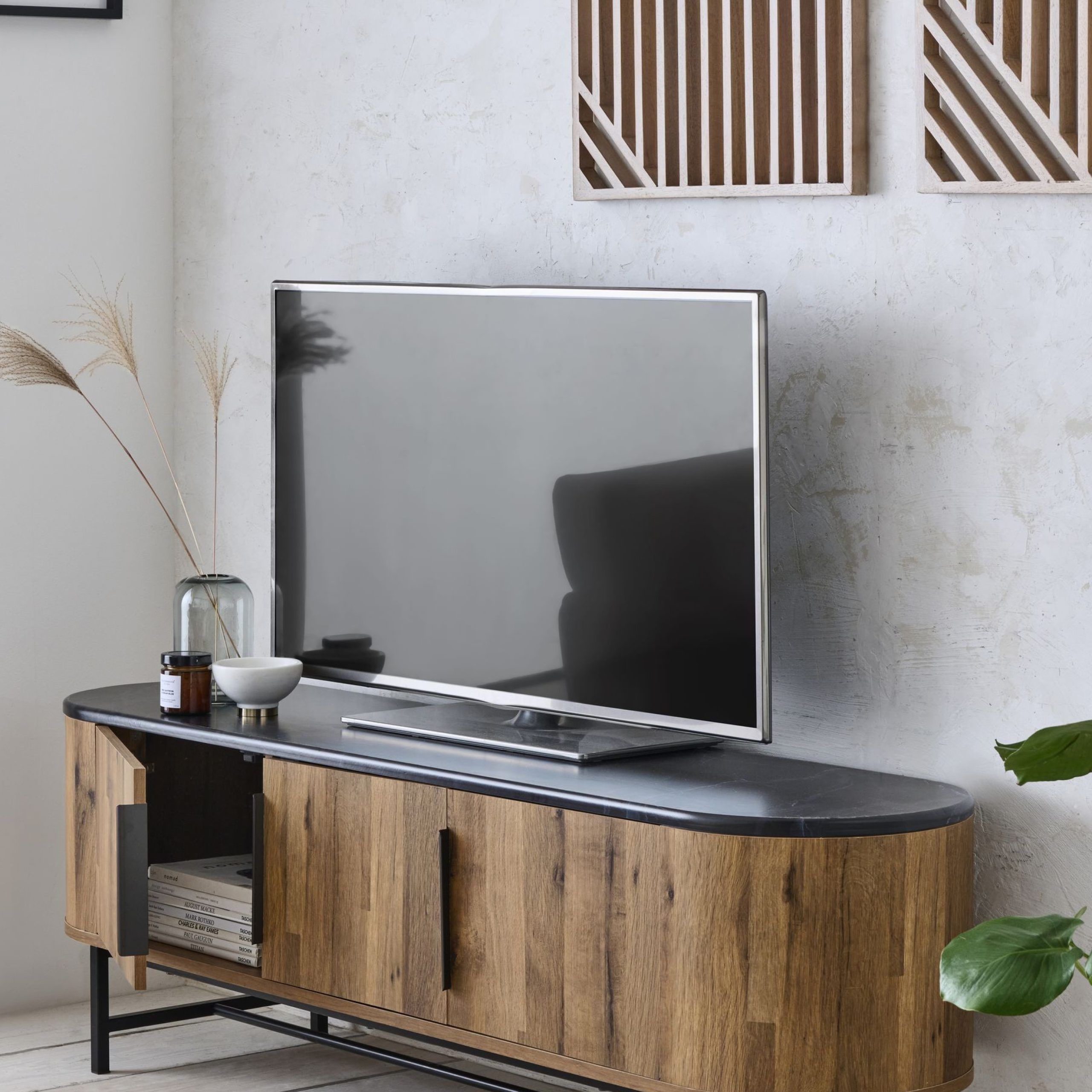 Buy Dark Bronx Oak And Black Marble Effect Curved Wide Wide Tv Stand Regarding Black Marble Tv Stands (View 8 of 20)