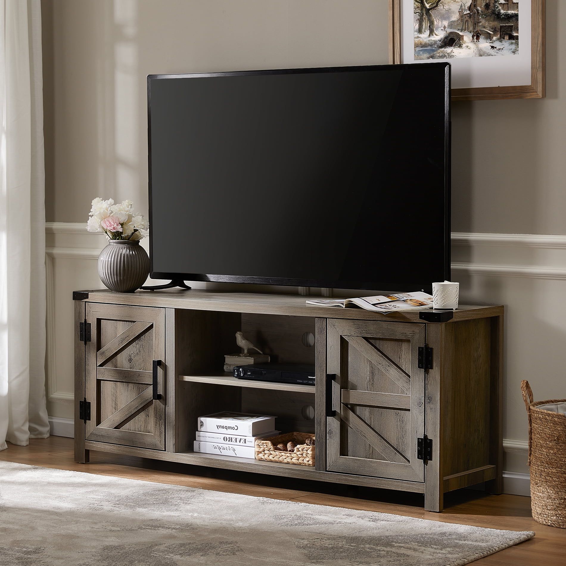 Buy Fitueyes Farmhouse Barn Door Wood Tv Stands For 70 Flat Screen Intended For Farmhouse Rattan Tv Stands (View 20 of 20)