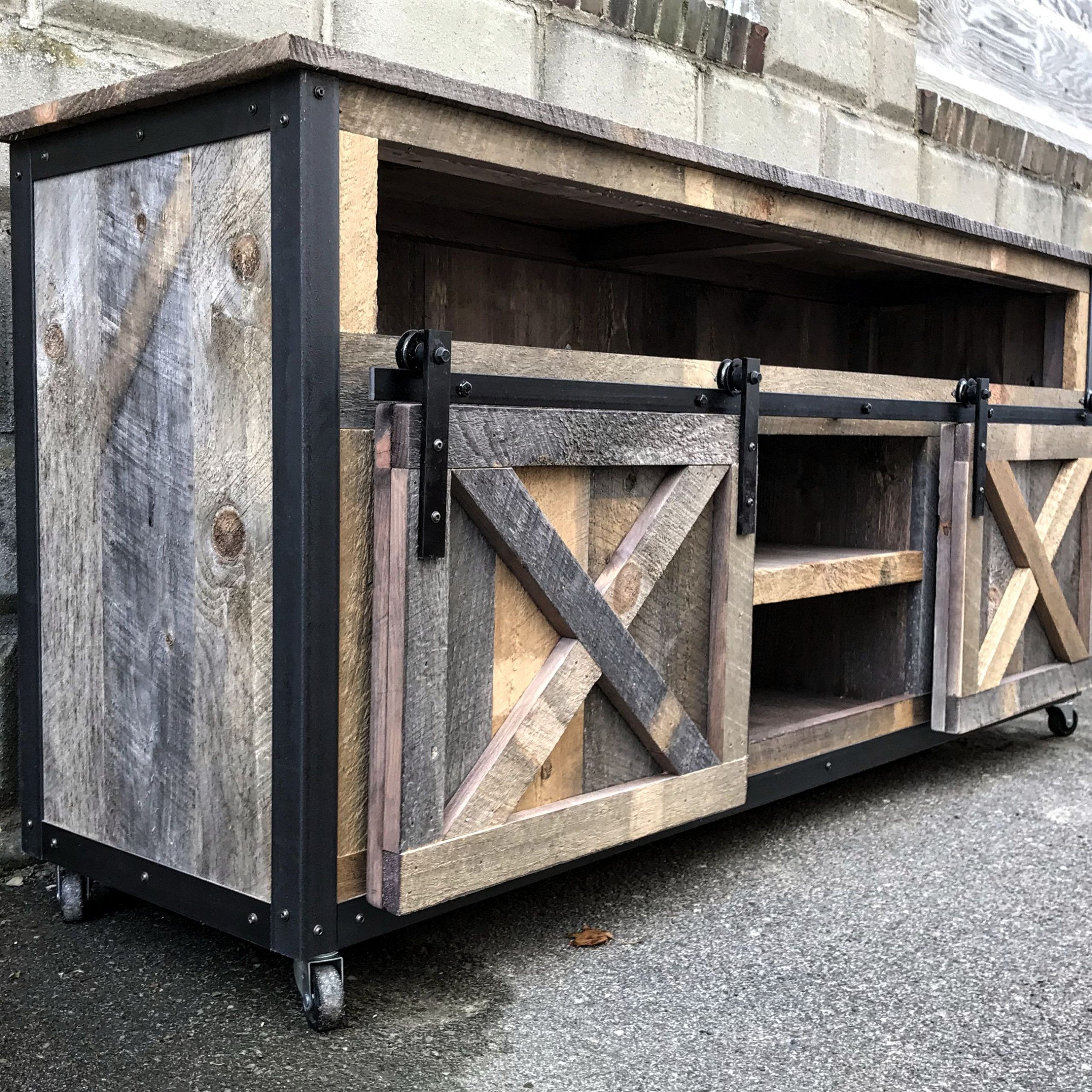 Buy Hand Crafted Rustic Industrial Barn Board Media Stand / Tv Stand W In Barn Door Media Tv Stands (View 12 of 20)