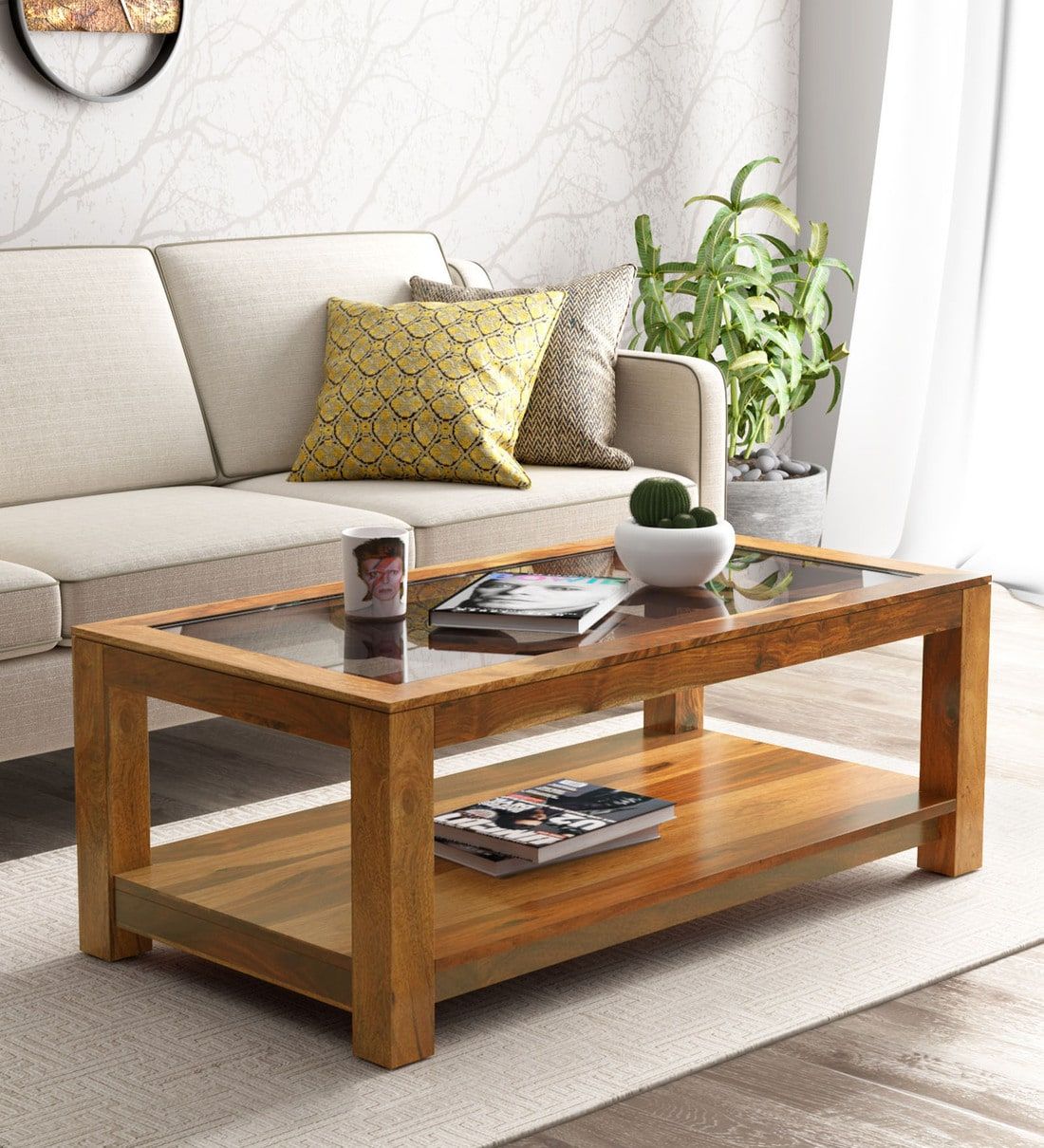 Buy Mckaine Solid Wood Coffee Table With Glass Top In Rustic Teak With Regard To Coffee Tables With Solid Legs (View 6 of 20)