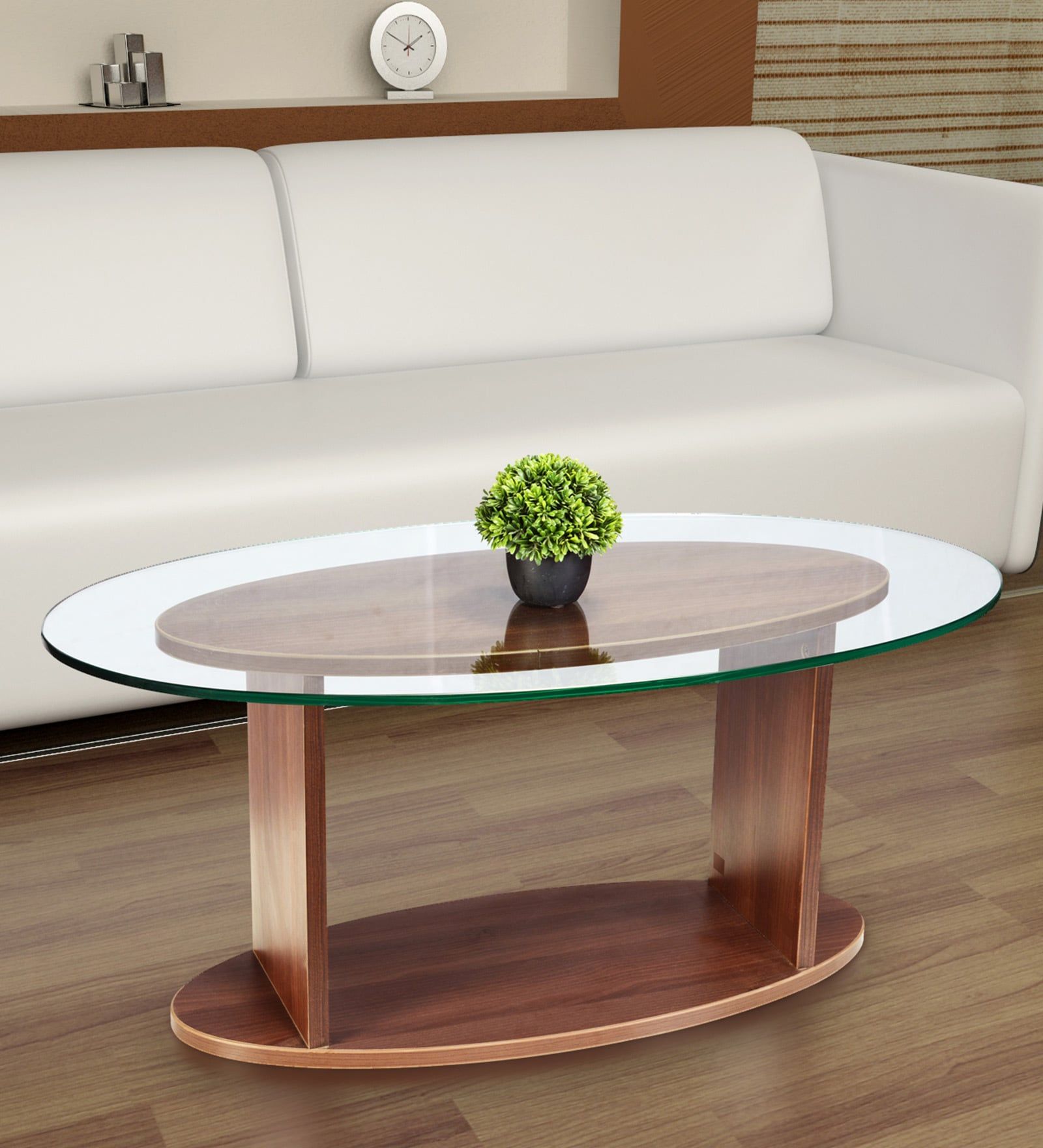 Buy Oval Shaped Glass Top Coffee Table In Walnut Finishaddy Design Regarding Oval Glass Coffee Tables (Gallery 1 of 20)