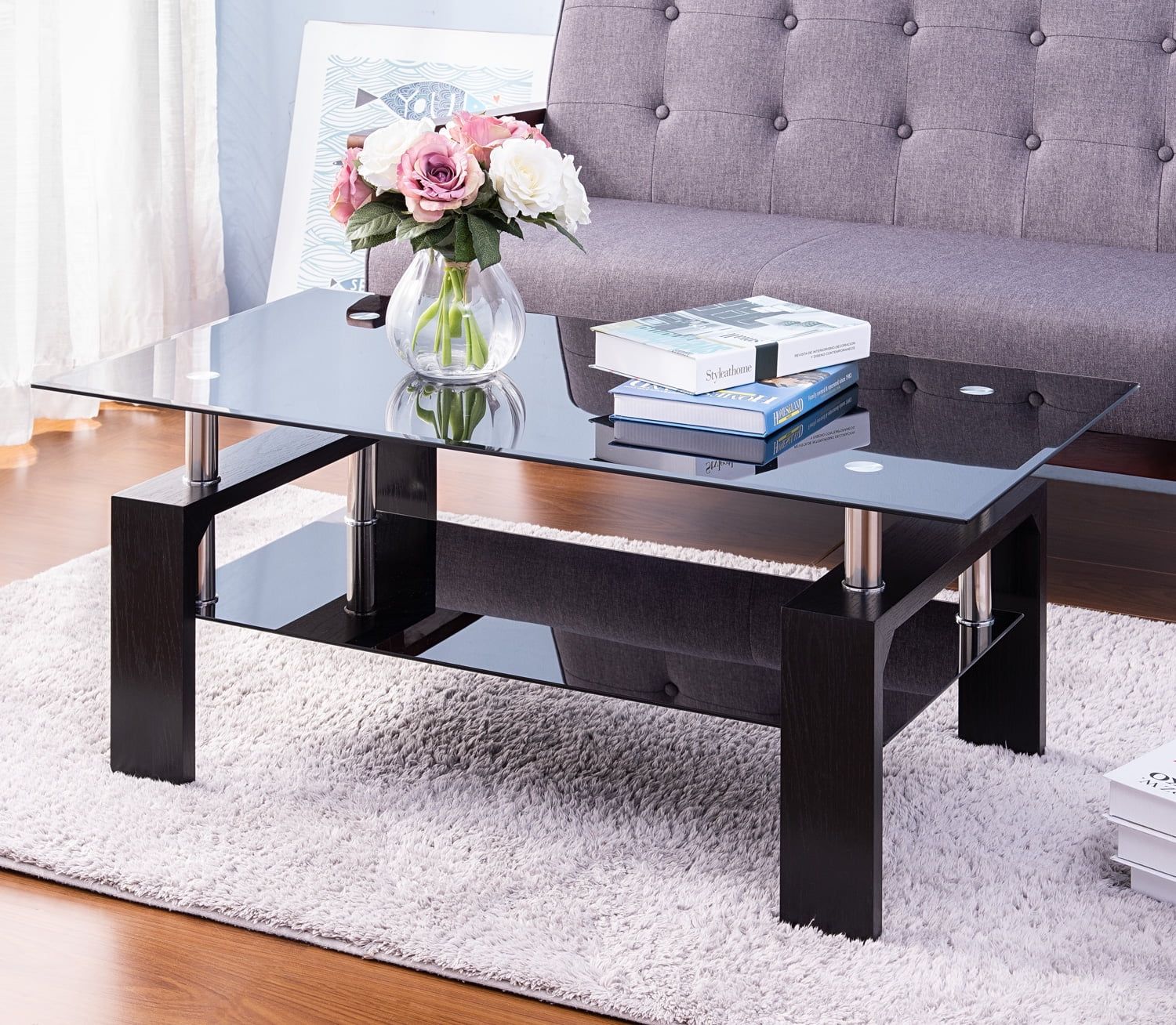 Buy Rectangle Glass Coffee Table, Modern Side Center Table With Shelf Intended For Clear Rectangle Center Coffee Tables (Gallery 16 of 20)