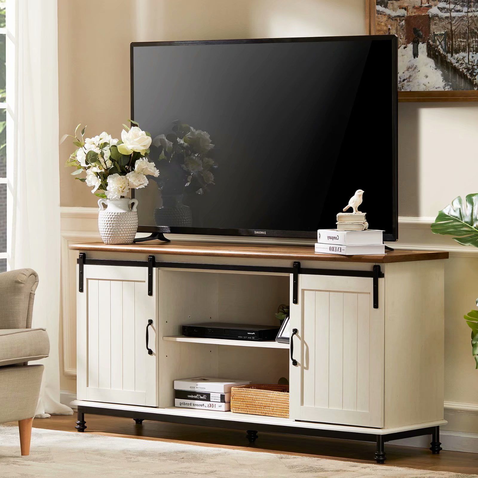 Buy Wampat Farmhouse Tv Stand Sliding Barn Door Entertainment Center In Farmhouse Stands For Tvs (View 13 of 20)