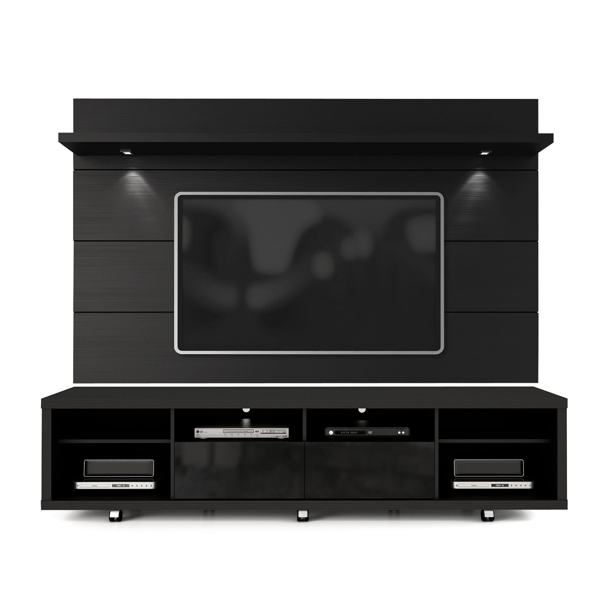 Cabrini Black Tv Stand & Floating Wall Tv Panel W/2.2 Led Lights Inside Tv Stands With Lights (Gallery 12 of 20)