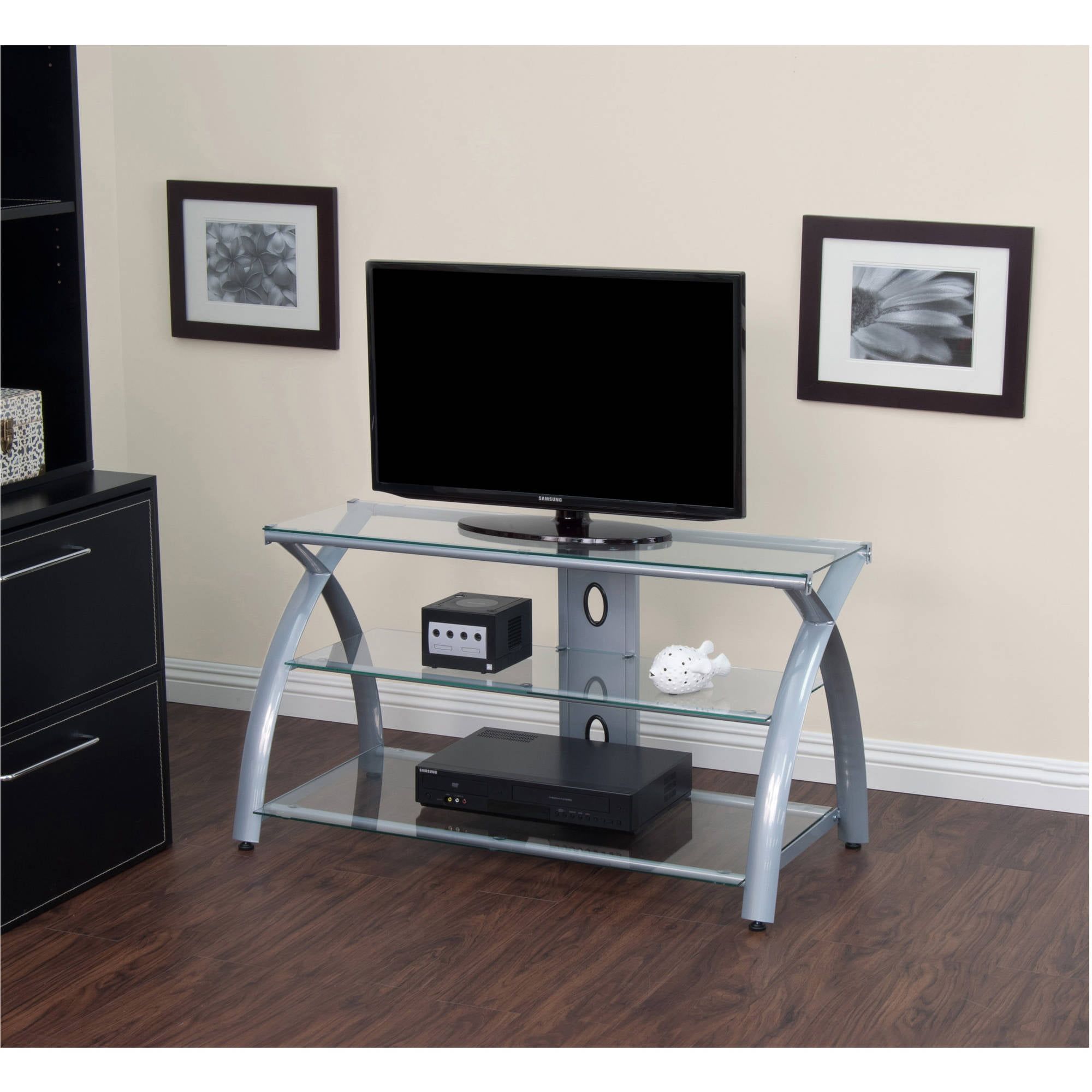 Calico Designs Futura 42" Wide 3 Shelf Tv Stand In Silver / Clear Glass Inside Glass Shelves Tv Stands (View 9 of 20)