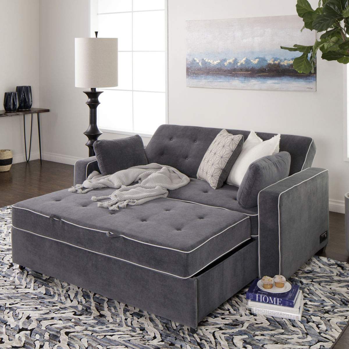 Carlton Queen Pullout Sleeper Sofa With 2 Pillows In Grey | Tecido Para Inside 3 In 1 Gray Pull Out Sleeper Sofas (View 8 of 20)