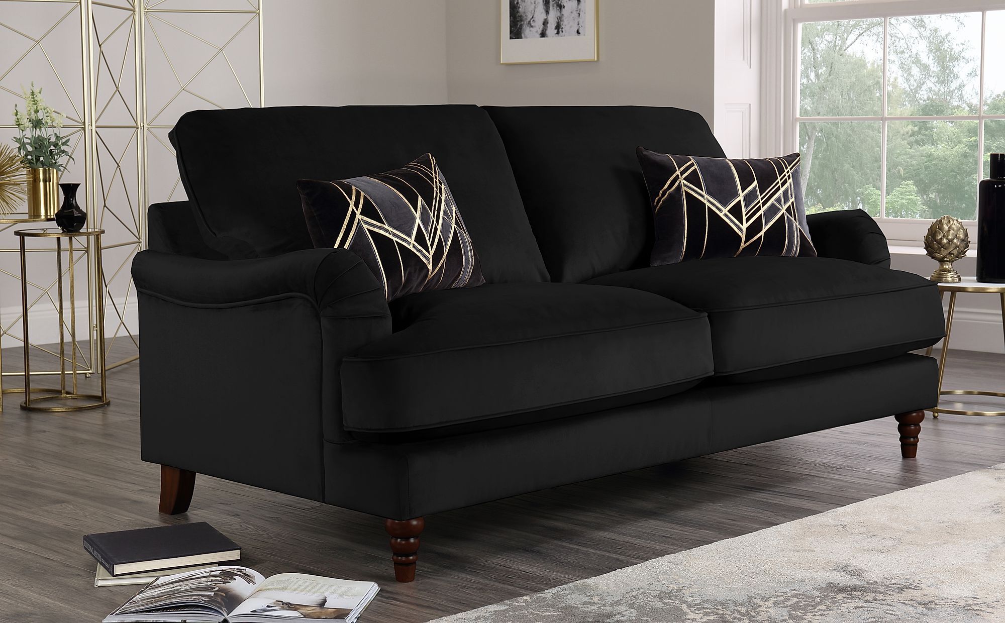 Charleston Black Velvet 3 Seater Sofa | Furniture Choice In 3 Seat L Shaped Sofas In Black (View 5 of 20)