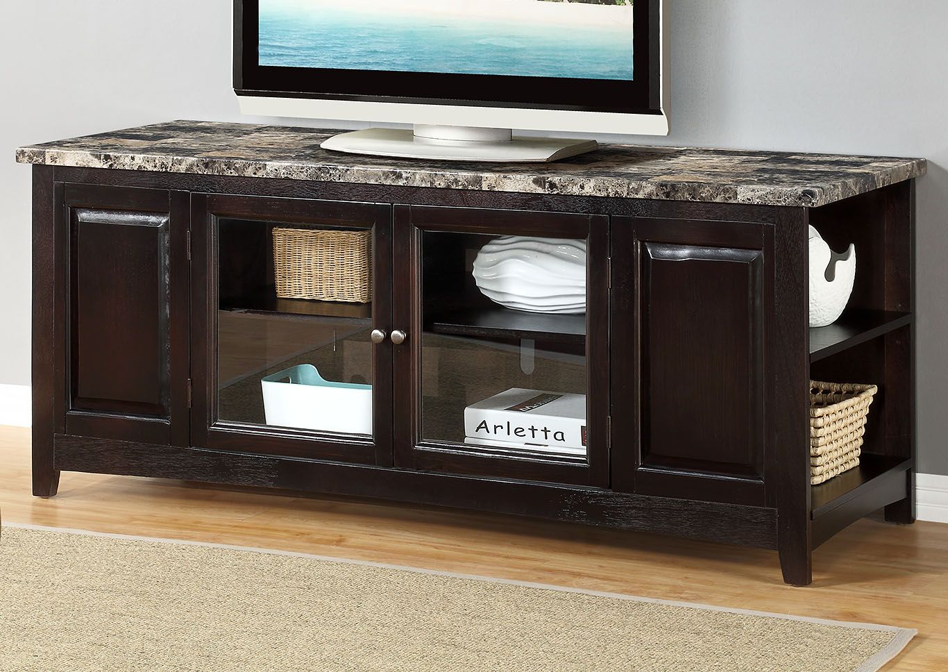 Cherry 62'' Faux Marble Top Tv Stand Ed's Discount Furniture Within Black Marble Tv Stands (Gallery 11 of 20)