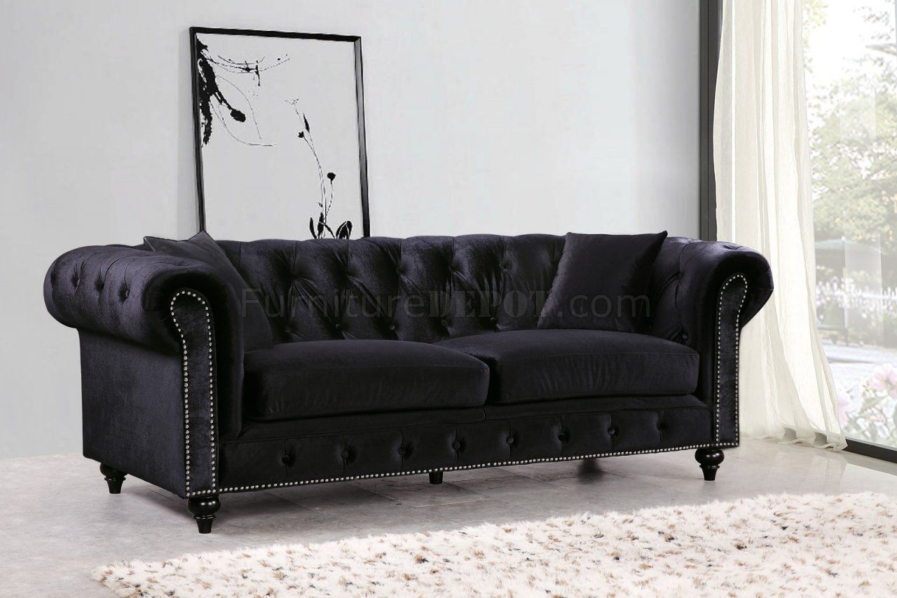 Chesterfield Sofa 662bl In Black Velvet Fabric W/optional Items With Regard To Traditional Black Fabric Sofas (View 8 of 21)