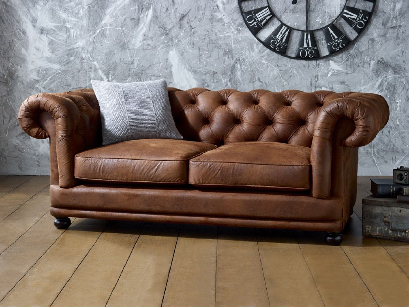 Chesterfield Style Faux Leather Sofa With Majestic Rolling Armrests And For Faux Leather Sofas In Dark Brown (View 20 of 20)