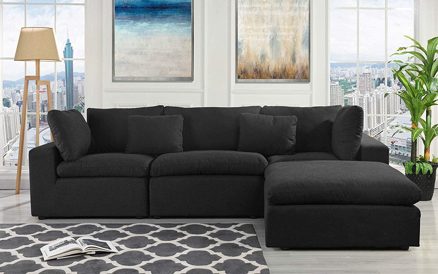 Classic Large Black Fabric Sectional Sofa, L Shape Couch With Wide Intended For Traditional Black Fabric Sofas (View 4 of 21)