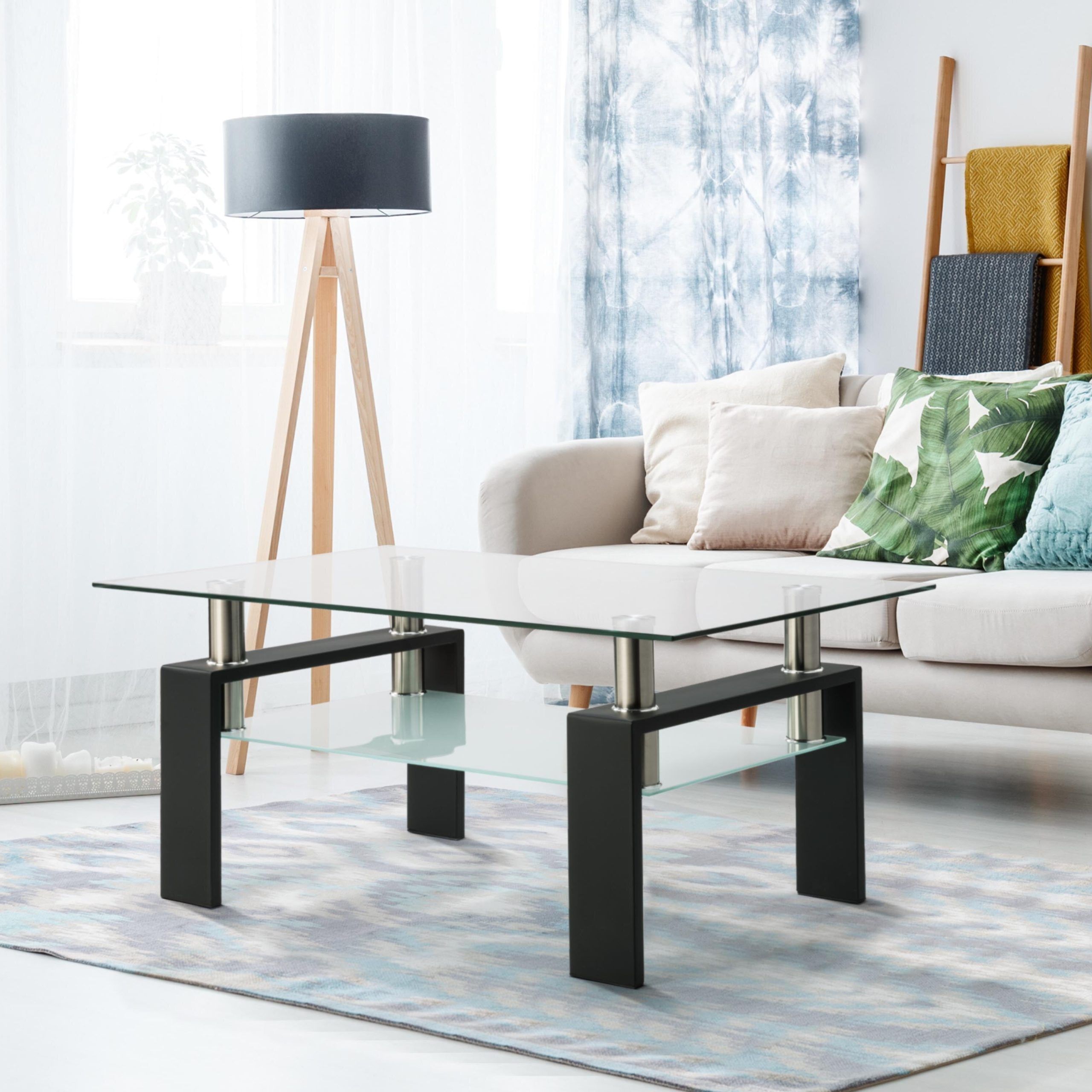 Clear Rectangle Glass Coffee Table With Lower Shelf,moderntable With Intended For Clear Rectangle Center Coffee Tables (Gallery 1 of 20)