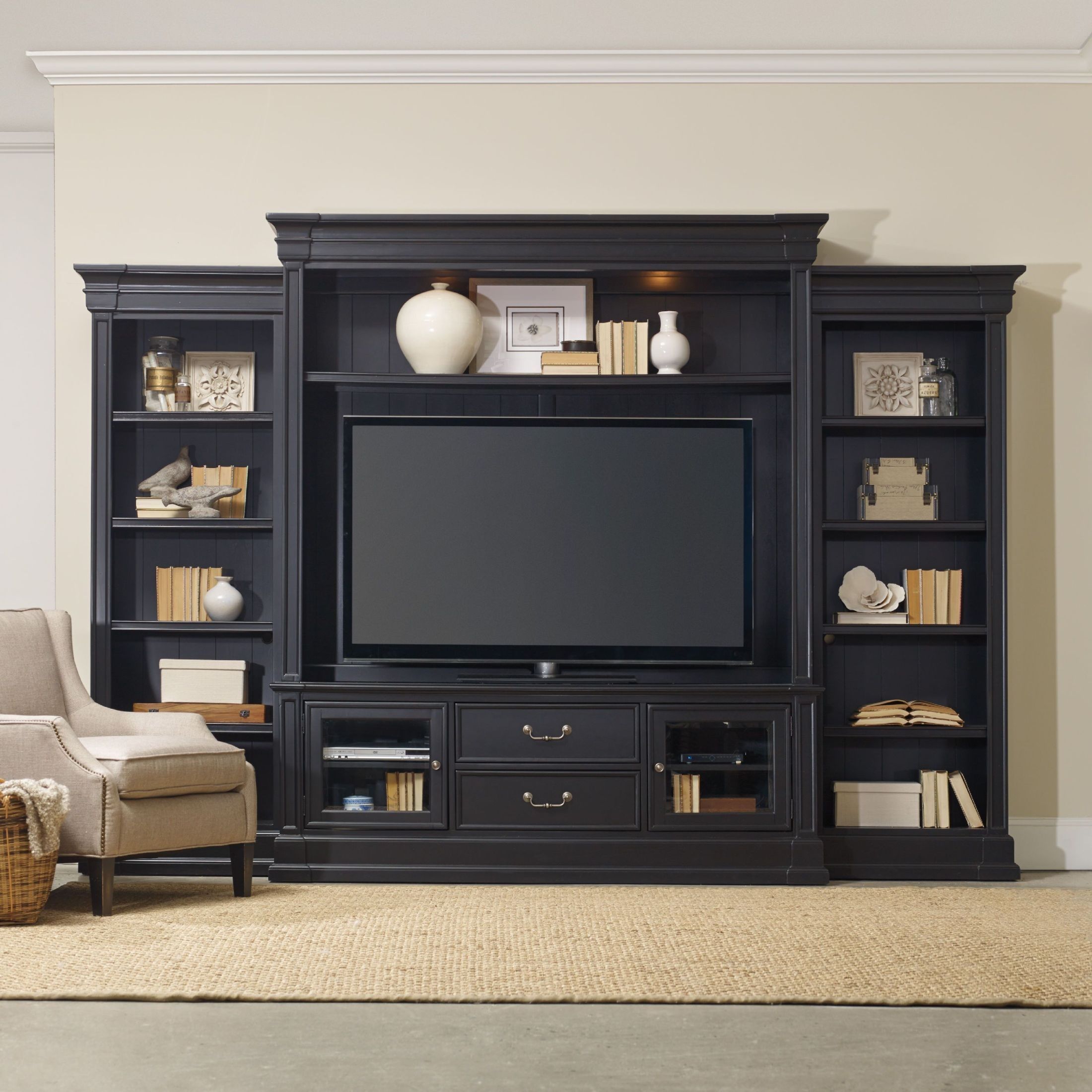 Clermont Black Entertainment Wall Unit, 5371 70222, Hooker Furniture Inside Black Rgb Entertainment Centers (View 13 of 20)