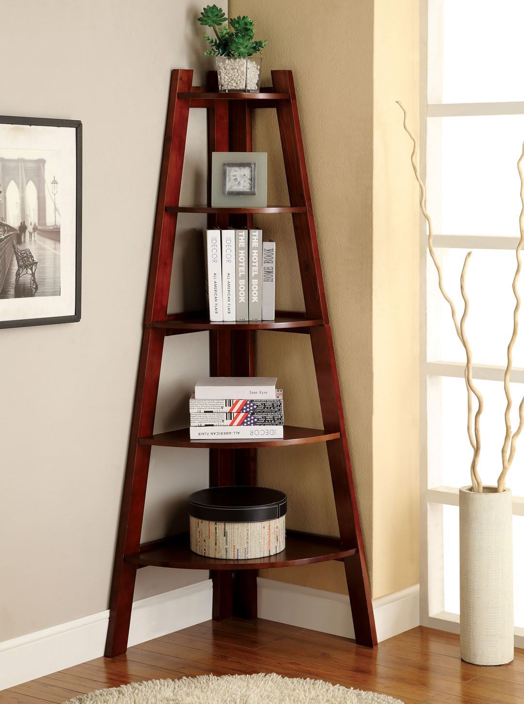Cm Ac6214ch Lyss Cherry Finish Wood 5 Tier Corner Bookcase Shelf With Modern Stands With Shelves (View 16 of 20)