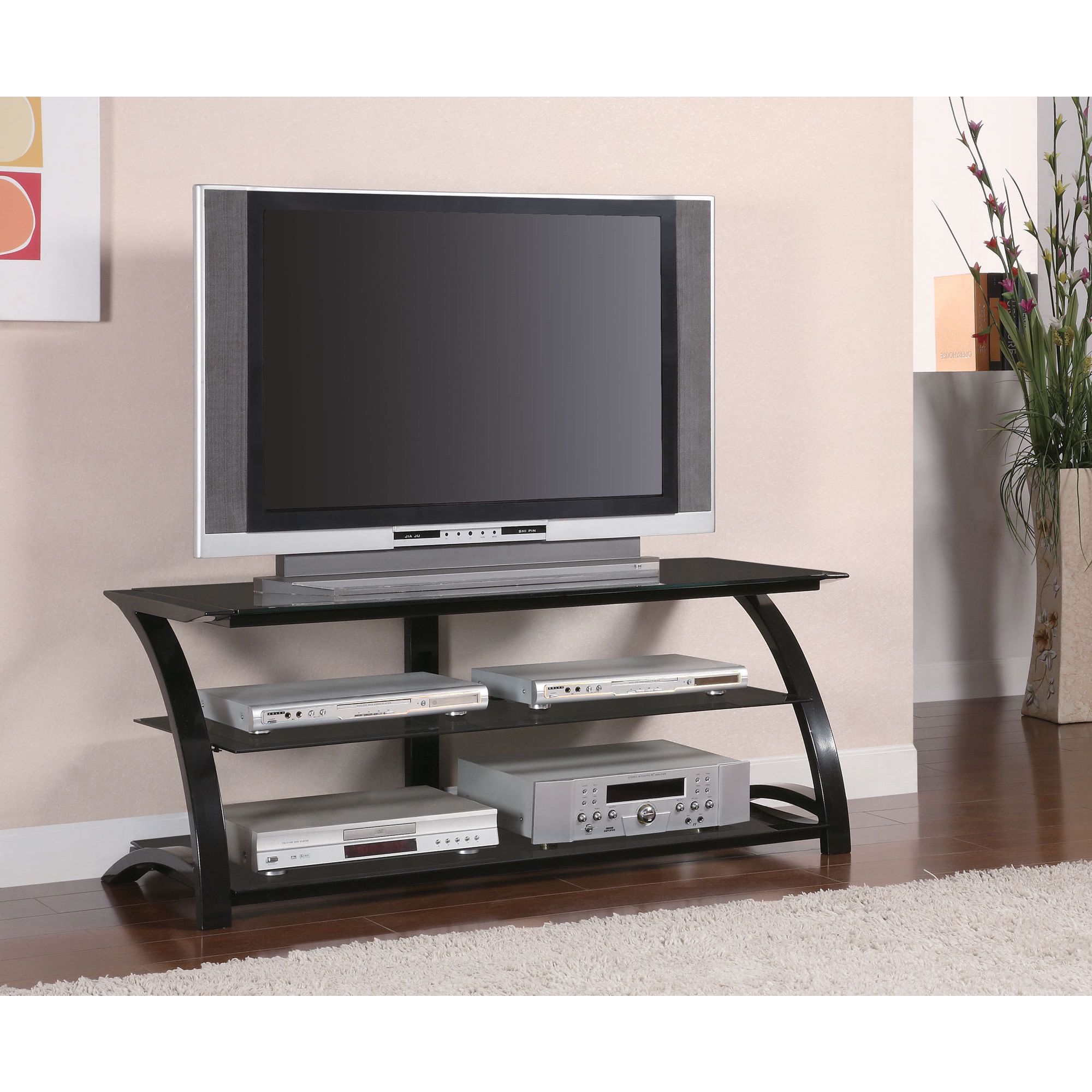 Coaster Company Black Metal Tempered Glass Tv Stand – 48" X Black Small In Glass Shelves Tv Stands (View 12 of 20)