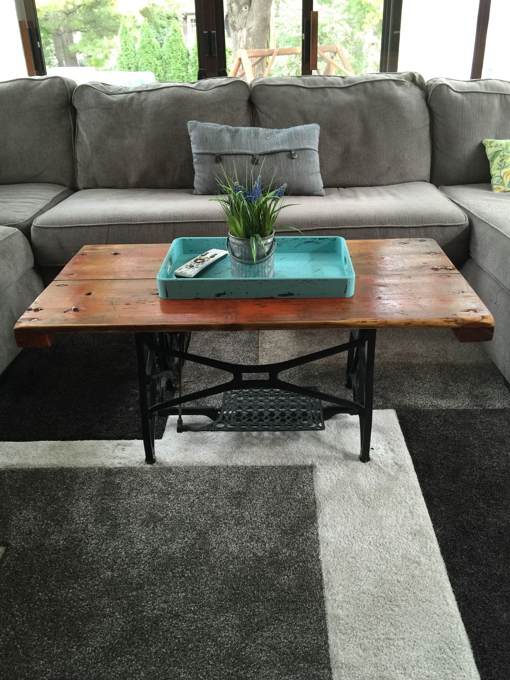 Coffee Table Made From Barn Door And Antique Sewing Machine Base Inside Coffee Tables With Storage And Barn Doors (View 9 of 20)
