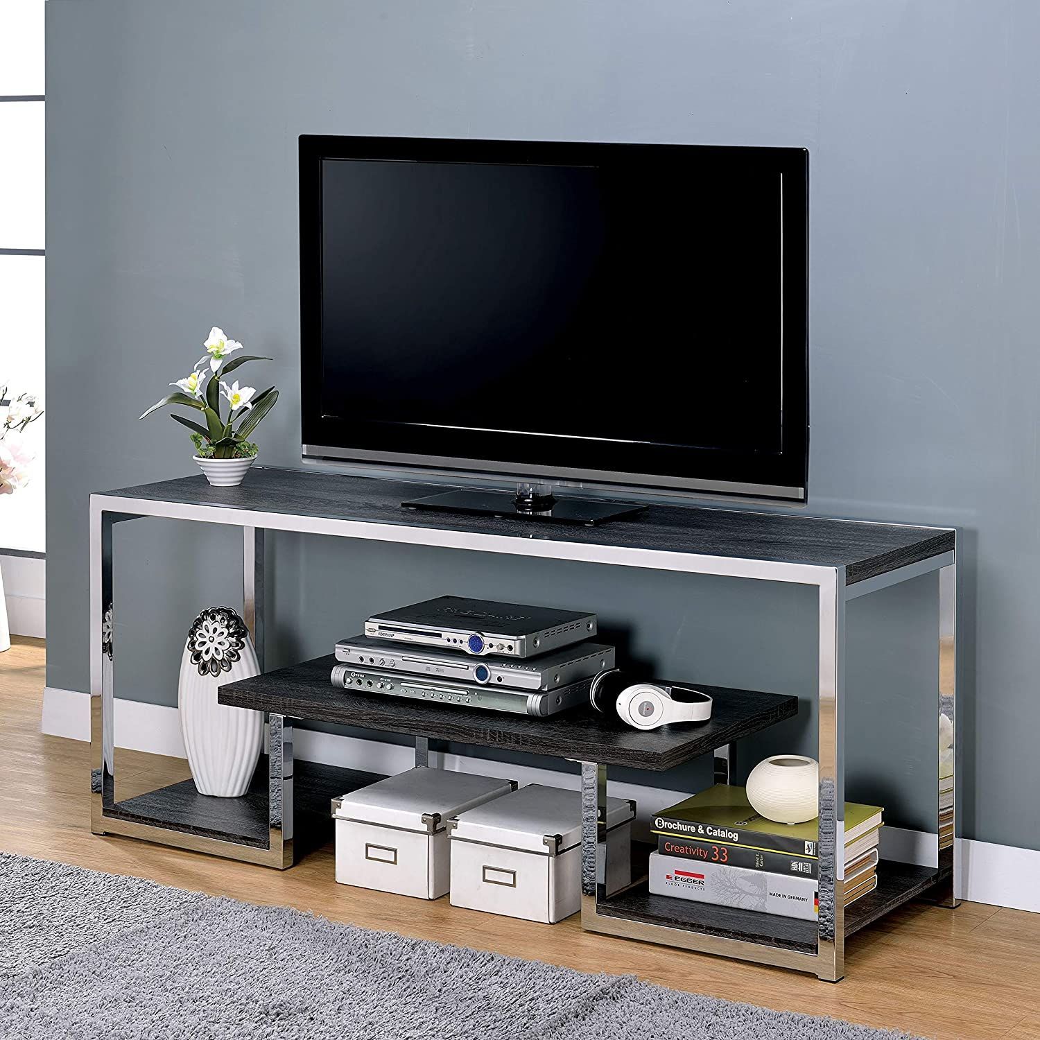 Contemporary 60 Inch Metal 3 Shelf Tv Stand – 72 Inches Silver Casual For Modern Stands With Shelves (View 10 of 20)