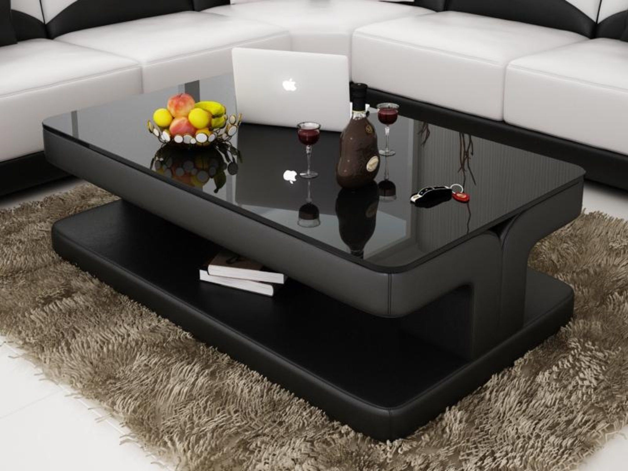 Contemporary Black Leather Coffee Table W/black Glass Table Top | My Aashis With High Gloss Black Coffee Tables (View 15 of 20)