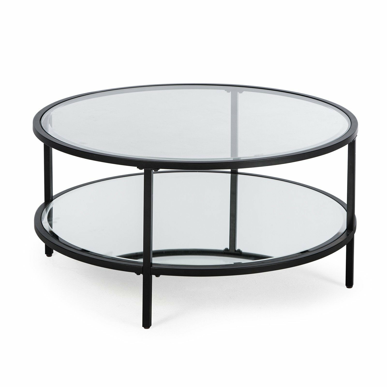 Contemporary Glam Metal Glass Modern Round Black Coffee Table W/ Shelf Inside Full Black Round Coffee Tables (View 16 of 20)
