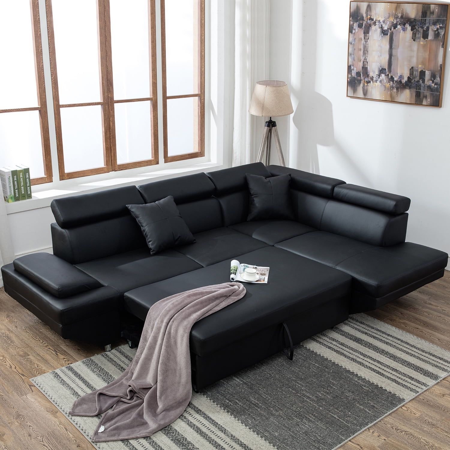 Contemporary Sectional Modern Sofa Bed – Black With Functional Armrest Intended For Sofas In Black (Gallery 20 of 20)