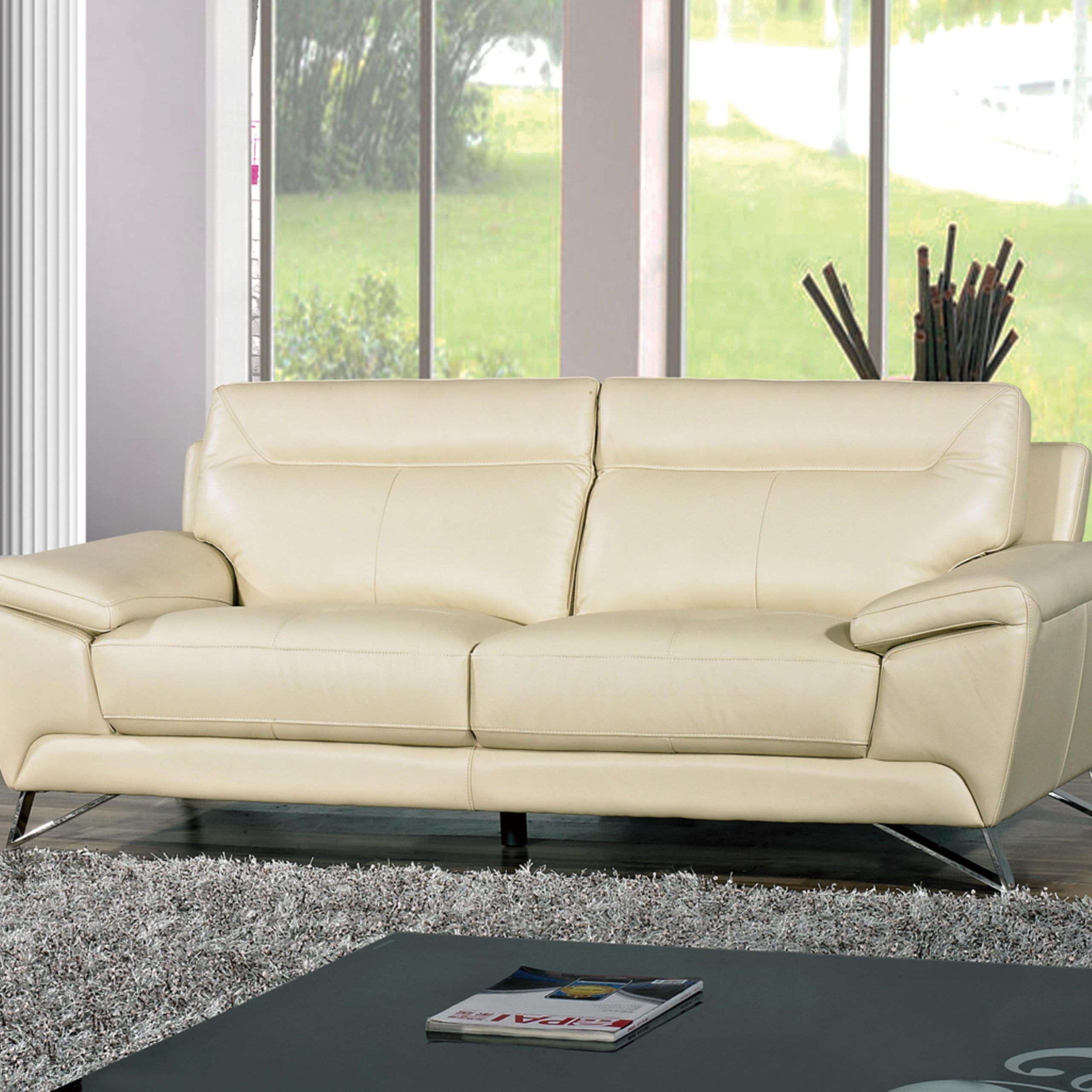 Cortesi Home Phoenix Genuine Leather Sofa, Cream 80" – Walmart Intended For Sofas In Cream (View 6 of 20)