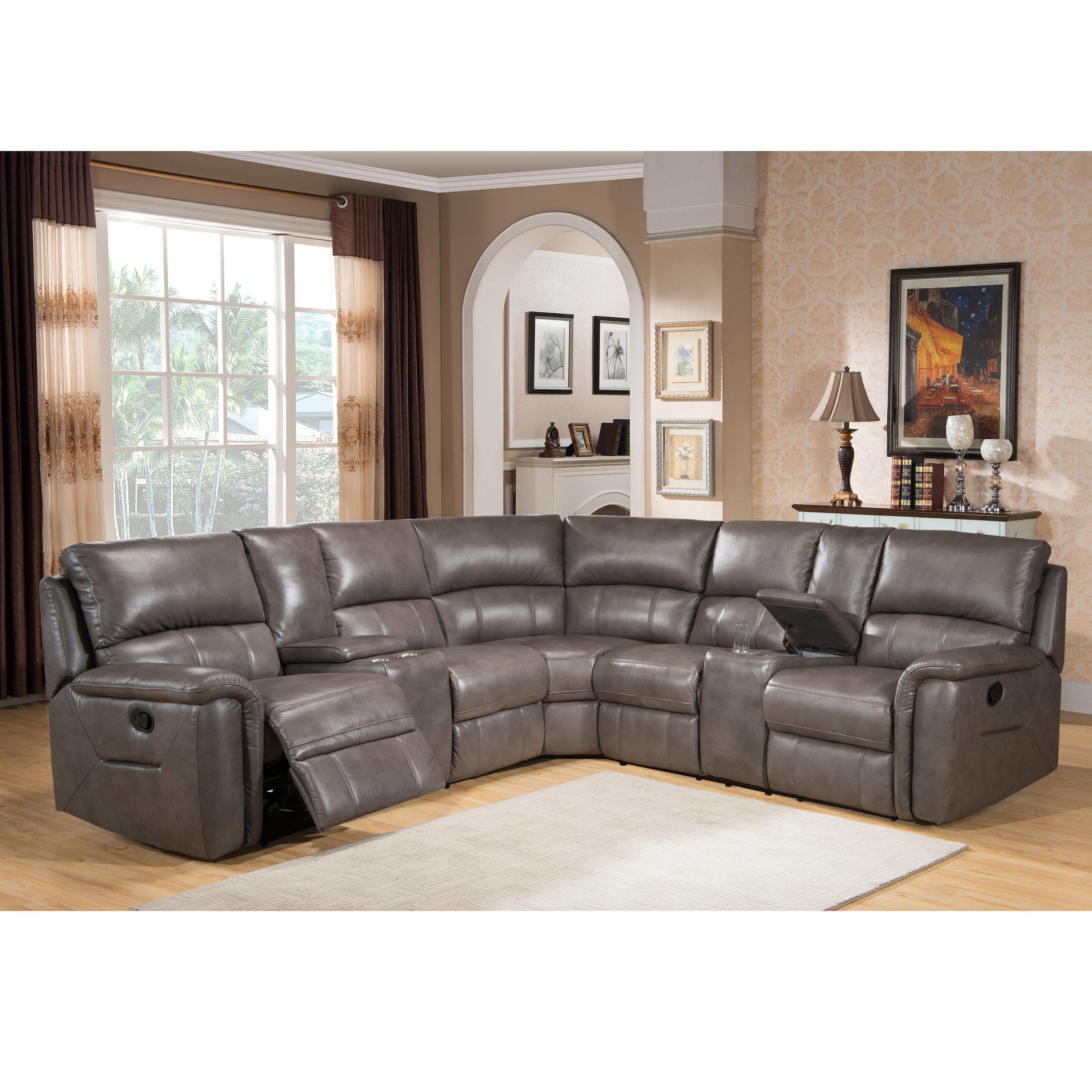 Cortez Premium Top Grain Gray Leather Reclining Sectional Sofa Regarding Dark Gray Sectional Sofas (Gallery 17 of 20)