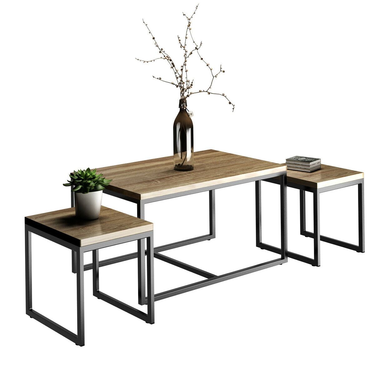 Costway 3 Piece Nesting Coffee & End Table Set Wood Modern Living Room Throughout Coffee Tables Of 3 Nesting Tables (Gallery 3 of 20)