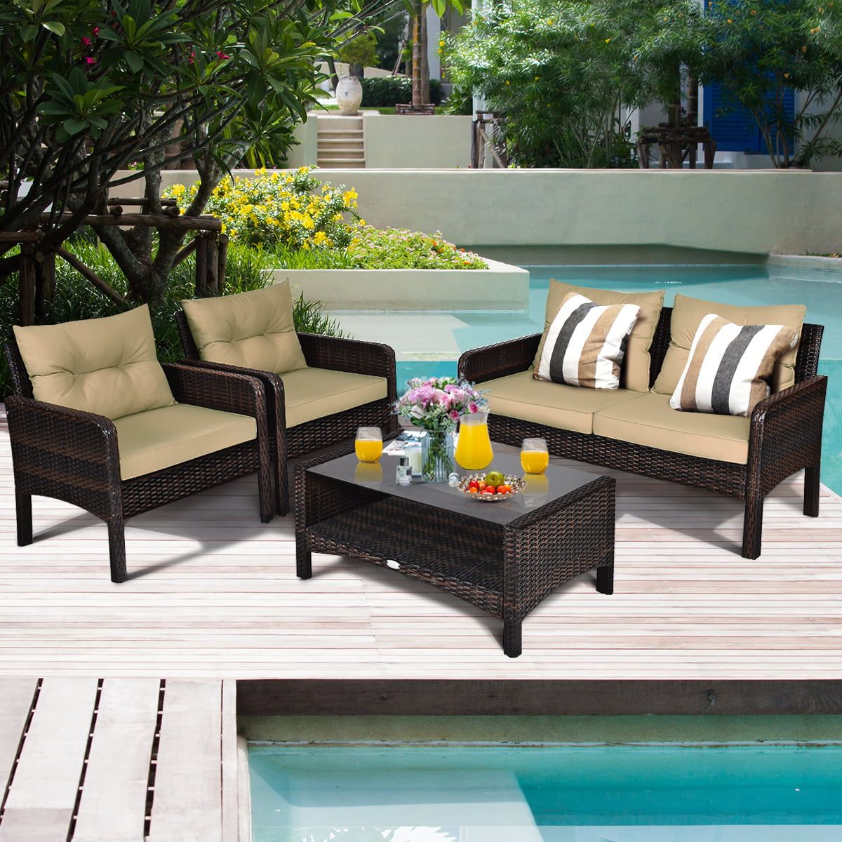 Costway 4pcs Patio Rattan Furniture Set Loveseat Sofa Coffee Table With 4pcs Rattan Patio Coffee Tables (Gallery 4 of 20)