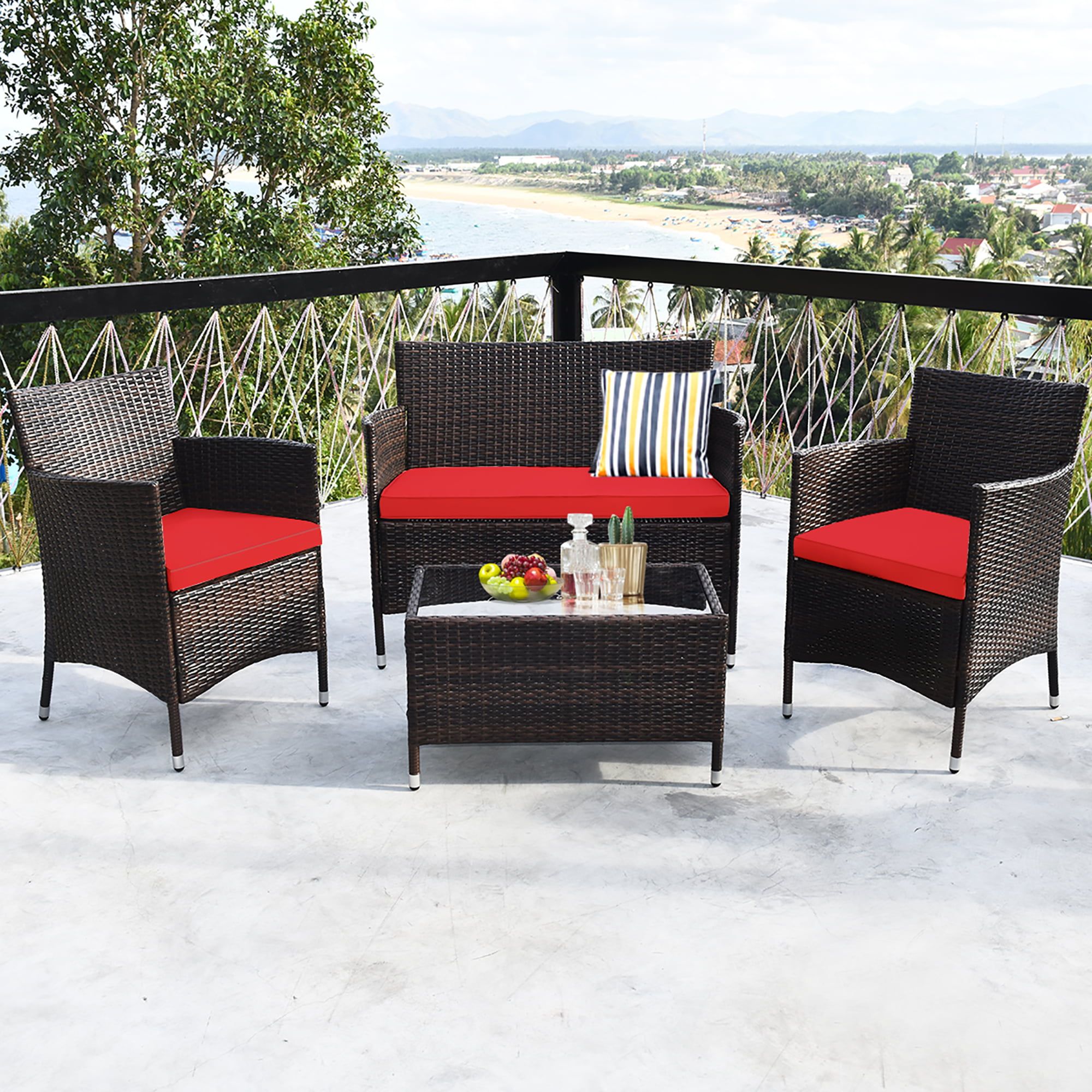 Costway 4pcs Rattan Patio Furniture Set Cushioned Sofa Chair Coffee Pertaining To 4pcs Rattan Patio Coffee Tables (View 2 of 20)
